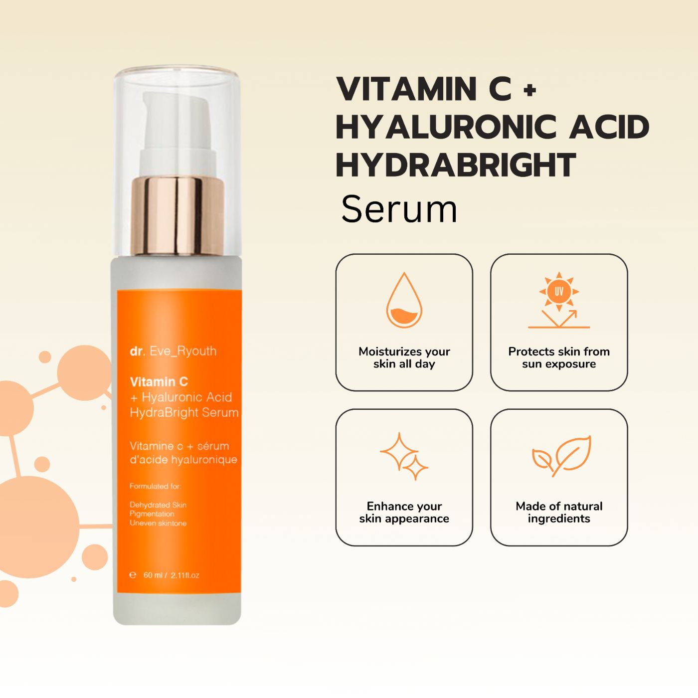 Dr. Eve Ryouth Vitamin C + Hyaluronsäure Hydrabright Serum Flakon neben vier Icons mit Vorteilen.