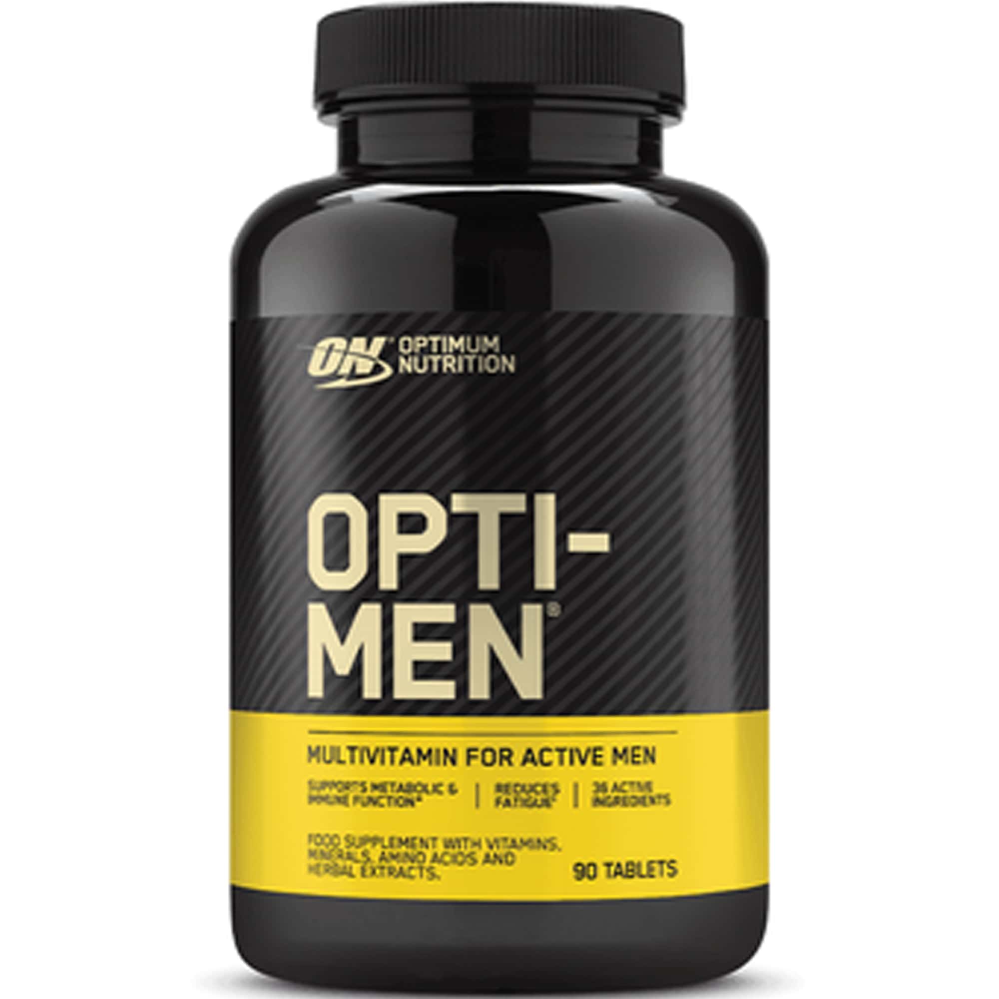 Schwarze Flasche Opti-Men mit 90 Tabletten. Aufschrift: Multivitamin für aktive Männer. Enthält 36 Wirkstoffe. Reduziert Müdigkeit.