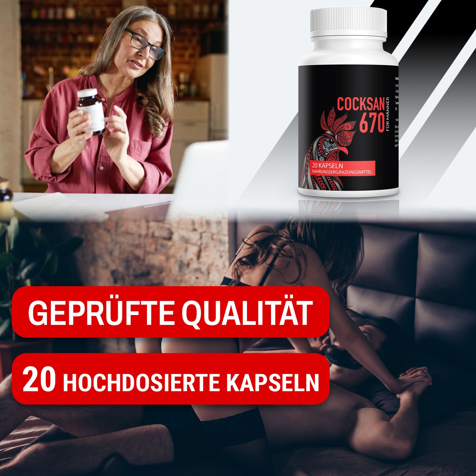 Frau hält Flasche Cocksan 670. Aufschrift 20 hochdosierte Kapseln. Hintergrund mit Paaren und roter Grafik. Geprüfte Qualität.