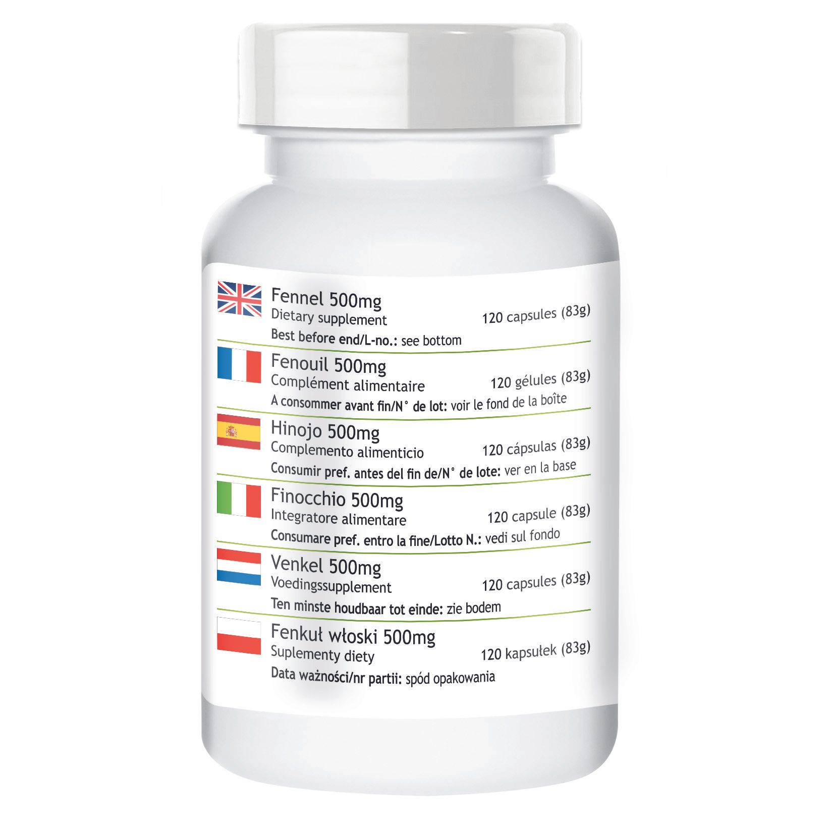 Rückseite der Flasche. Mehrsprachige Angaben: Fenchel 500mg, 120 Kapseln. Sprachen: Englisch, Französisch, Spanisch, Italienisch, Niederländisch, Polnisch.