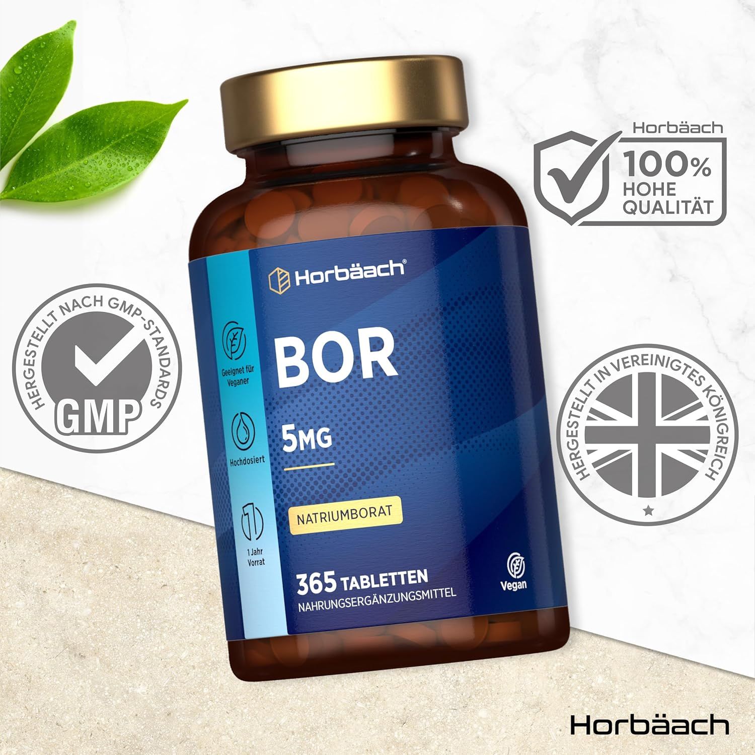 Horbaach Bor Tabletten Flasche. Blaue Etikett mit BOR 5MG, Natriumborat, 365 Tabletten. GMP-Standards, 100% hohe Qualität, hergestellt in UK.