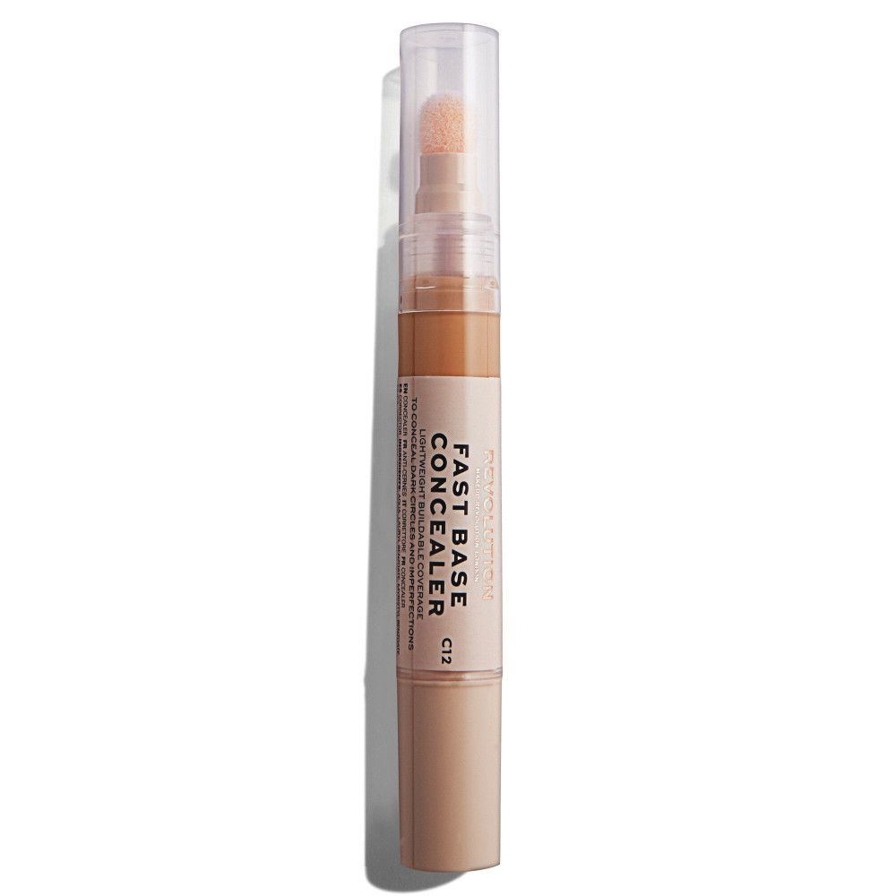 Concealer-Stift mit Applikator. Aufschrift: Fast Base Concealer. Farbton C12. Transparente Kappe, beiger Behälter.