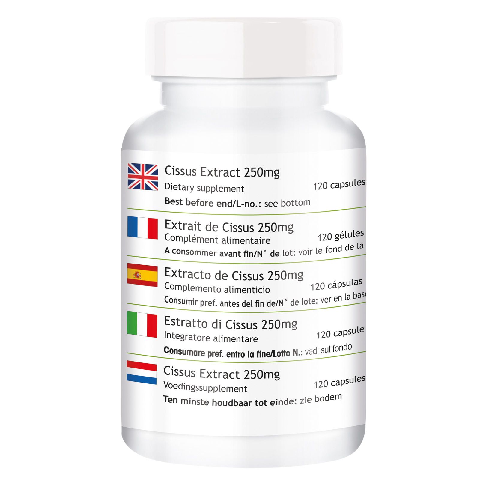 Rückseite der Flasche. Mehrsprachige Angaben: Cissus Extract 250mg, Extrait de Cissus 250mg, Extracto de Cissus 250mg, Estratto di Cissus 250mg, Cissus Extract 250mg.