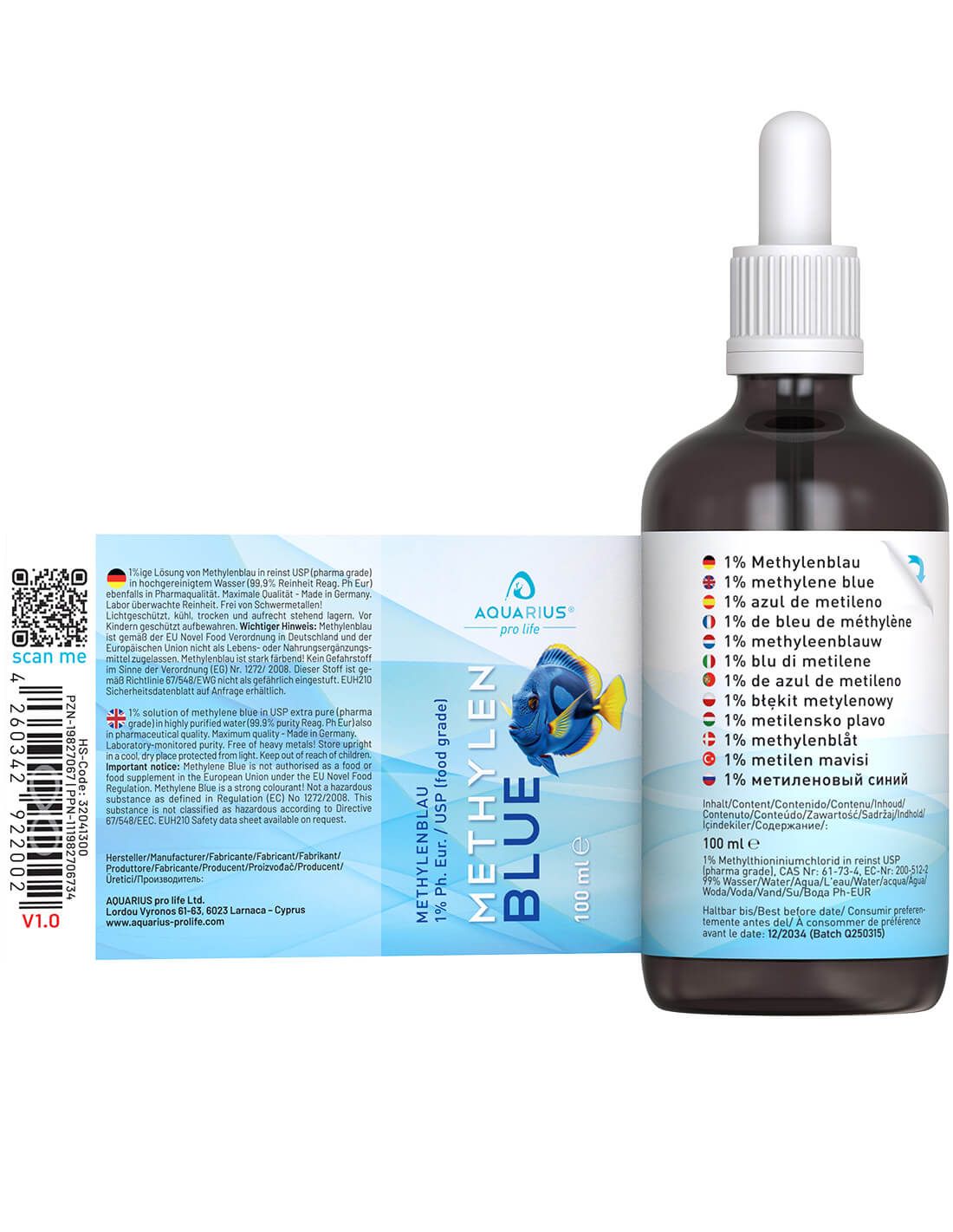 Braune Flasche mit Tropfer. Aufschrift: METHYLEN BLUE, AQUARIUS pro life. Etikett mit Text in mehreren Sprachen. 100 ml.