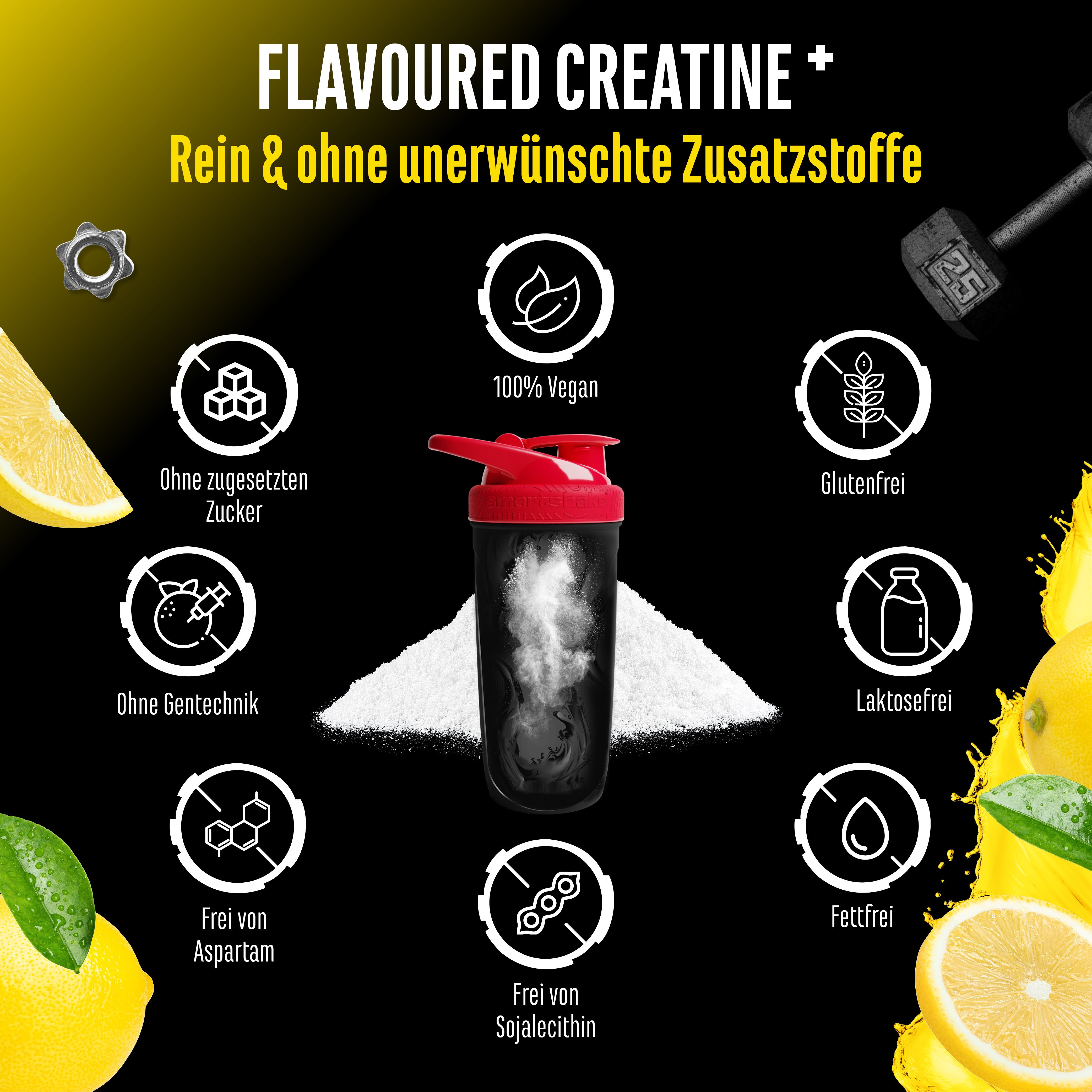 Shaker mit Pulver und Icons: Ohne Zucker, 100% Vegan, Glutenfrei, ohne Gentechnik, laktosefrei, frei von Aspartam, fettfrei, frei von Sojalecithin.