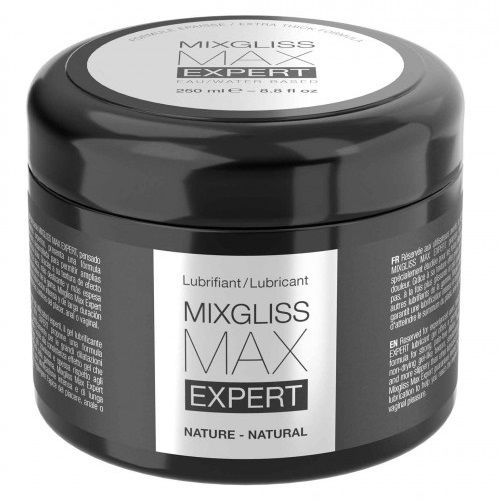 Schwarzer Tiegel mit weißem Etikett. Aufschrift: MIXGLISS MAX EXPERT. Deckel mit Logo. Text: NATURE - NATURAL.