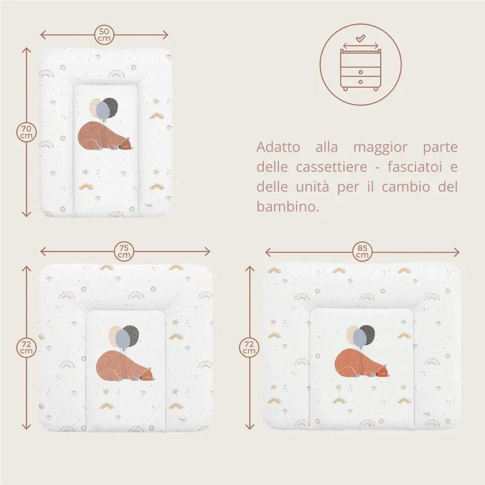 Drei Wickelauflagen mit Größenangaben. Abgebildet sind ein Bär, Regenbogen und Sterne.