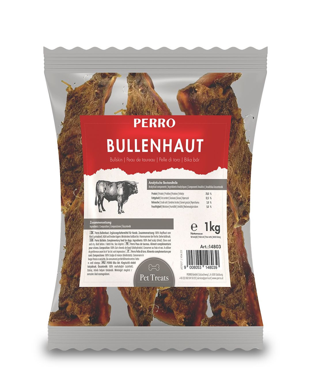 Verpackung mit Rinderbullenhaut-Kausnacks für Hunde. Rotes Etikett mit Produktname und Bullen-Illustration. 1 kg Packung.