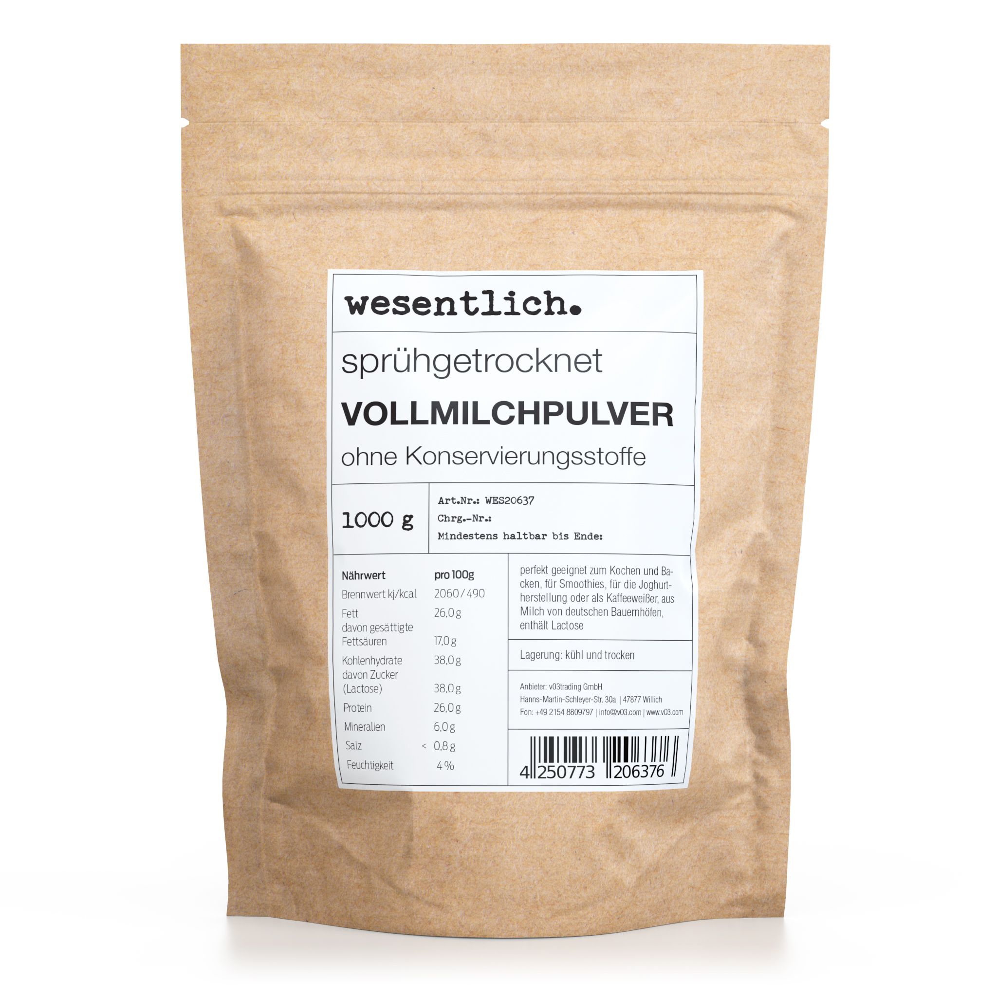 Beutel mit Vollmilchpulver von wesentlich. Aufschrift: sprühgetrocknet, ohne Konservierungsstoffe. 1000 g. Nährwertangaben.
