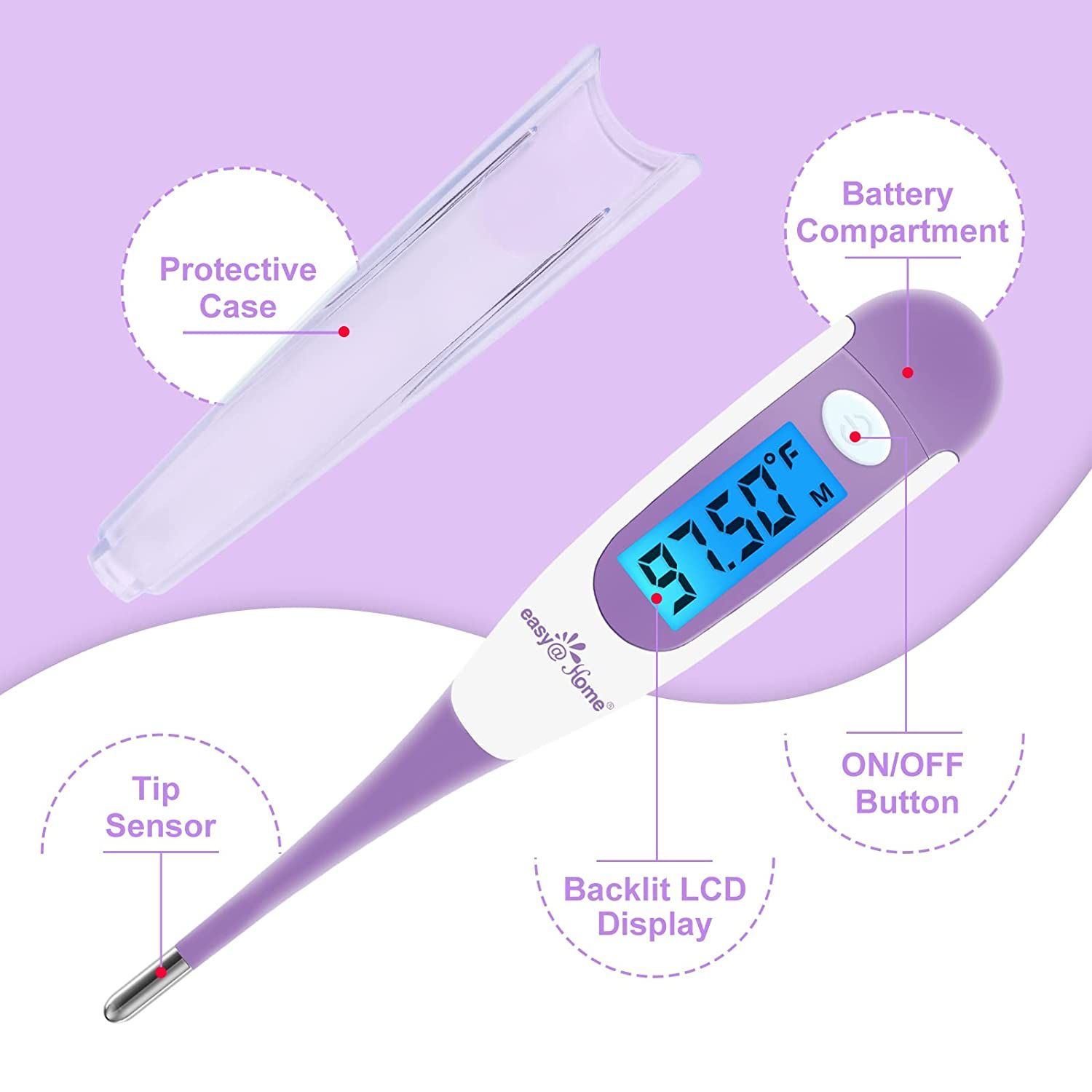 Digitales Thermometer mit lila Griff und Display. Enthält: Schutzhülle, Batteriefach, Ein/Aus-Taste, LCD-Display, Sensortip.