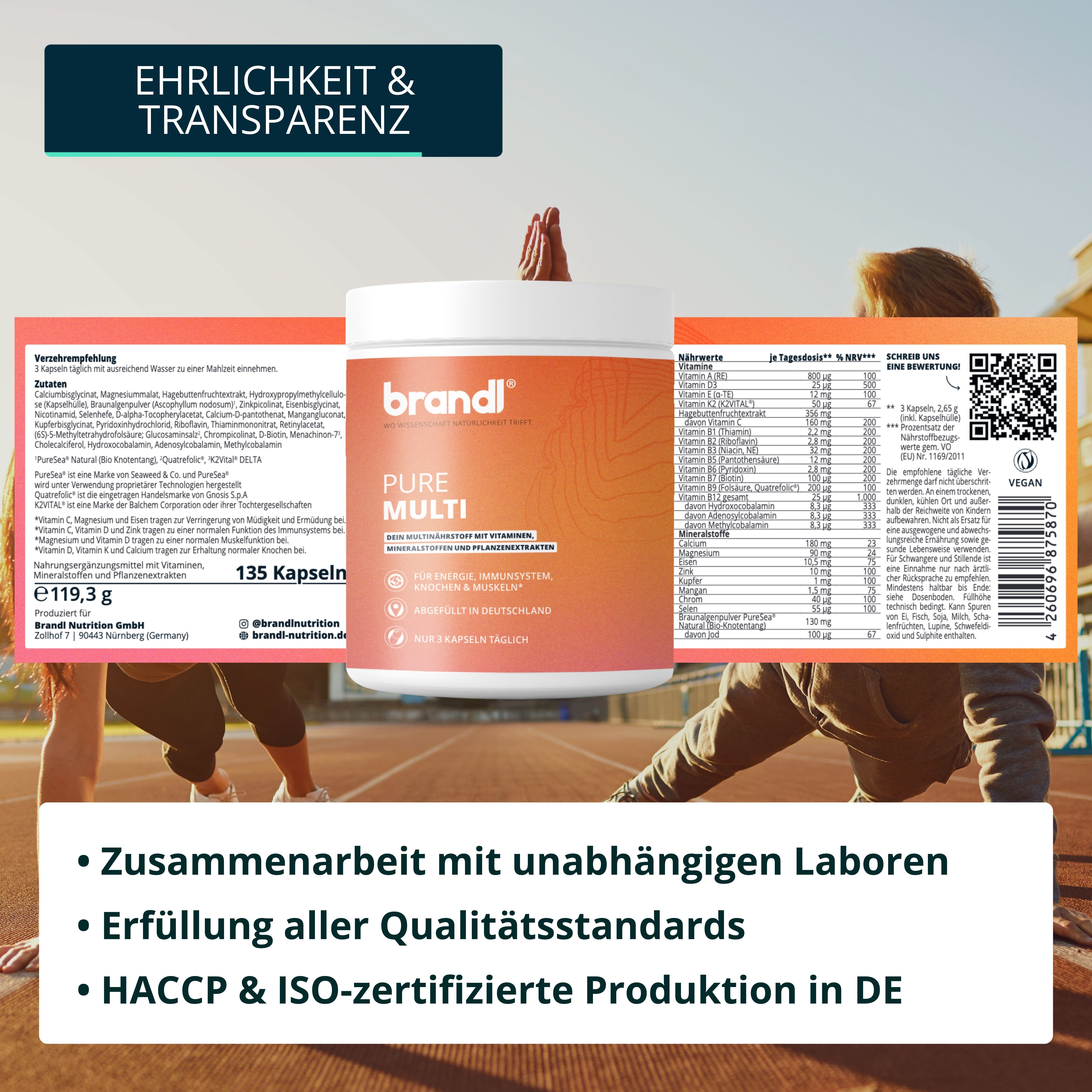 Produktetikett mit Inhaltsstoffen. Text: Pure Multi, 135 Kapseln. Zusammenarbeit mit Laboren, Erfüllung Qualitätsstandards, Zertifizierung.