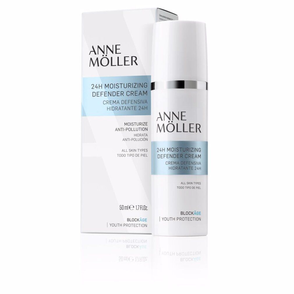 Creme-Flakon und Schachtel. Aufschrift: Anne Möller, 24H Moisturizing Defender Cream. Enthält Text in Spanisch. 50ml.