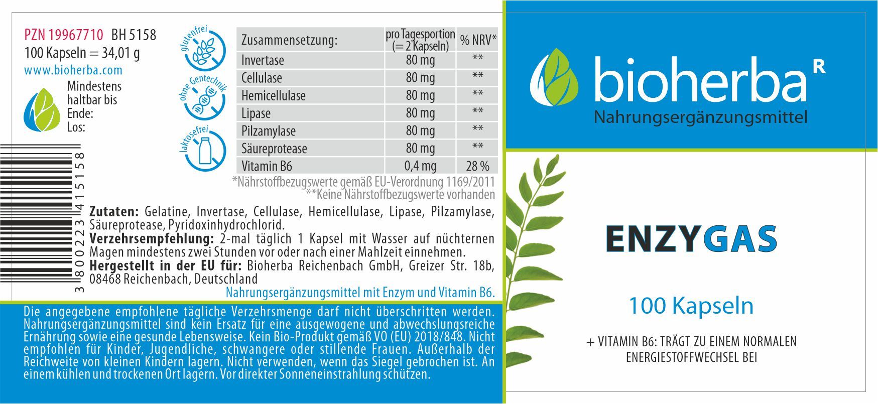 Etikett mit Produktinformationen. Aufschrift: bioherba, Enzygas, 100 Kapseln. Enthält Vitamin B6. Inhaltsstoffe und Dosierung.