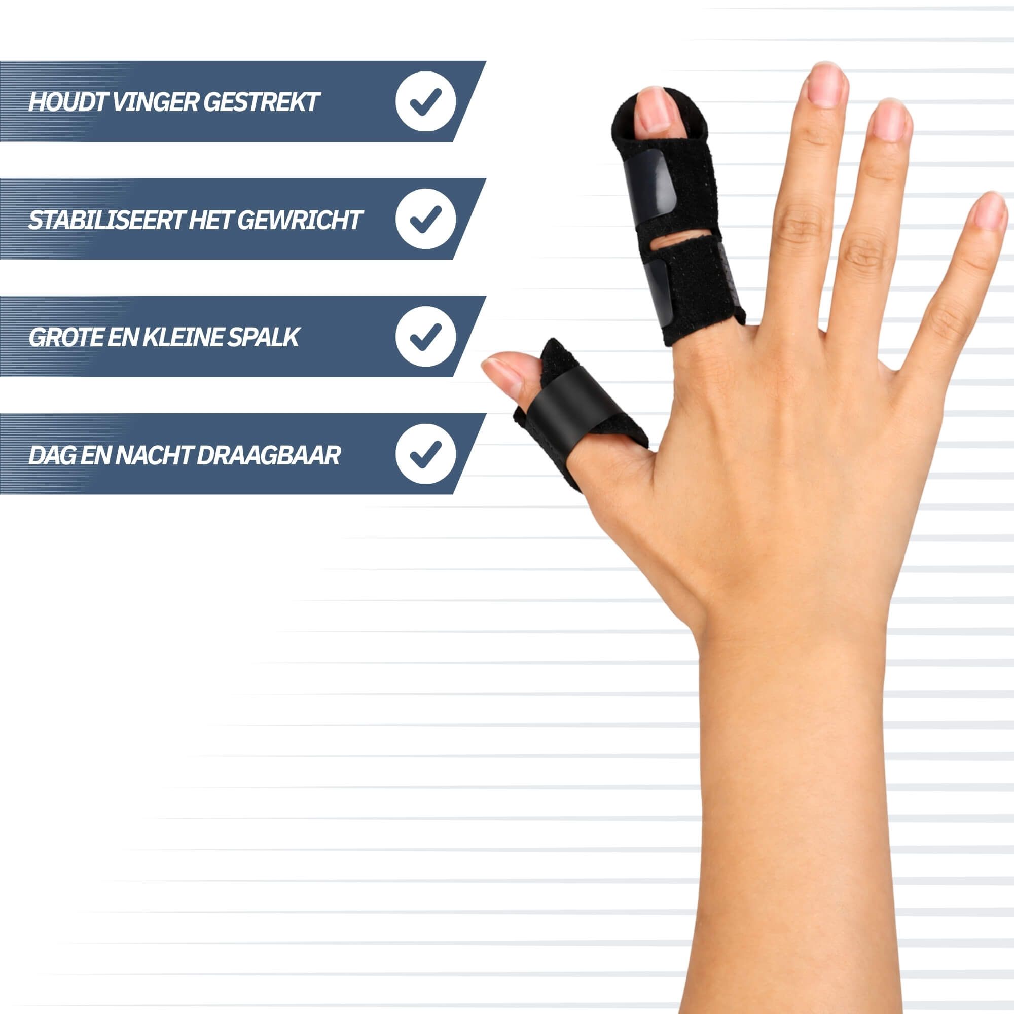 Hand mit zwei schwarzen Fingerorthesen an Mittel- und Ringfinger. Text: Hält Finger gestreckt.