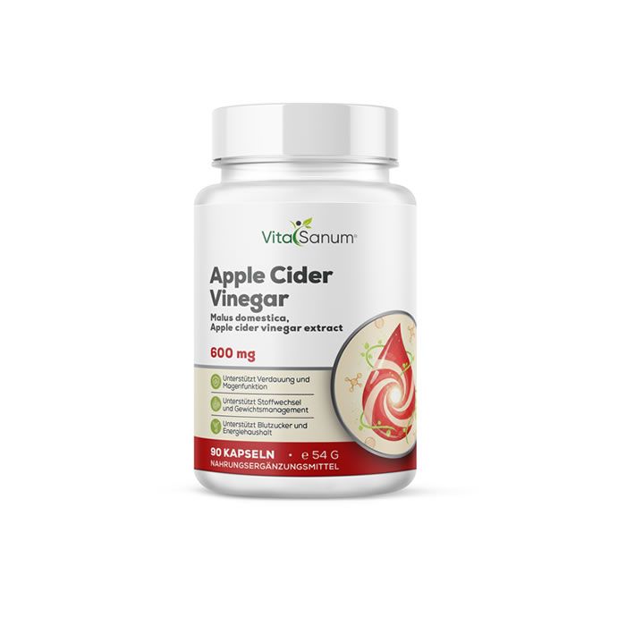 VitaSanum®-Flasche mit Apfelessig-Kapseln. Weißes Gefäß mit weißem Deckel. Aufschrift: Apple Cider Vinegar, 600 mg, 90 Kapseln.