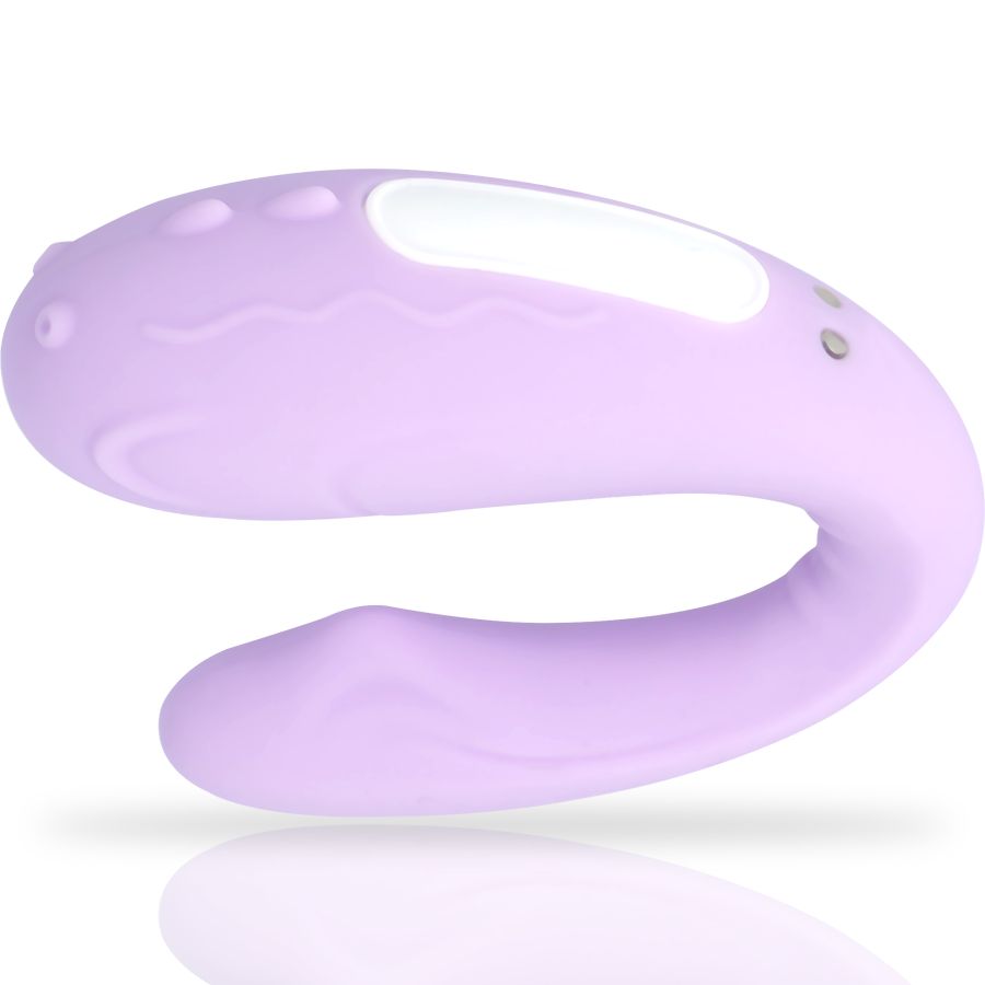 Lila Vibrator in U-Form mit Wellenmuster und weißem Streifen. Zwei kleine Ladekontakte sind sichtbar.