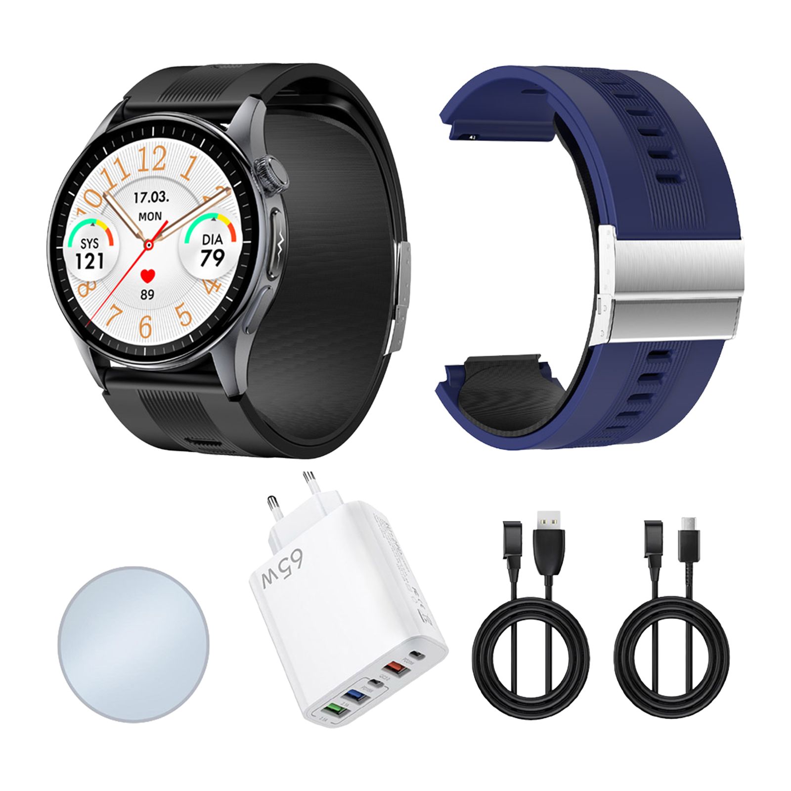 Smartwatch mit schwarzem Armband, blauem Ersatzarmband, Ladegerät und Kabeln.