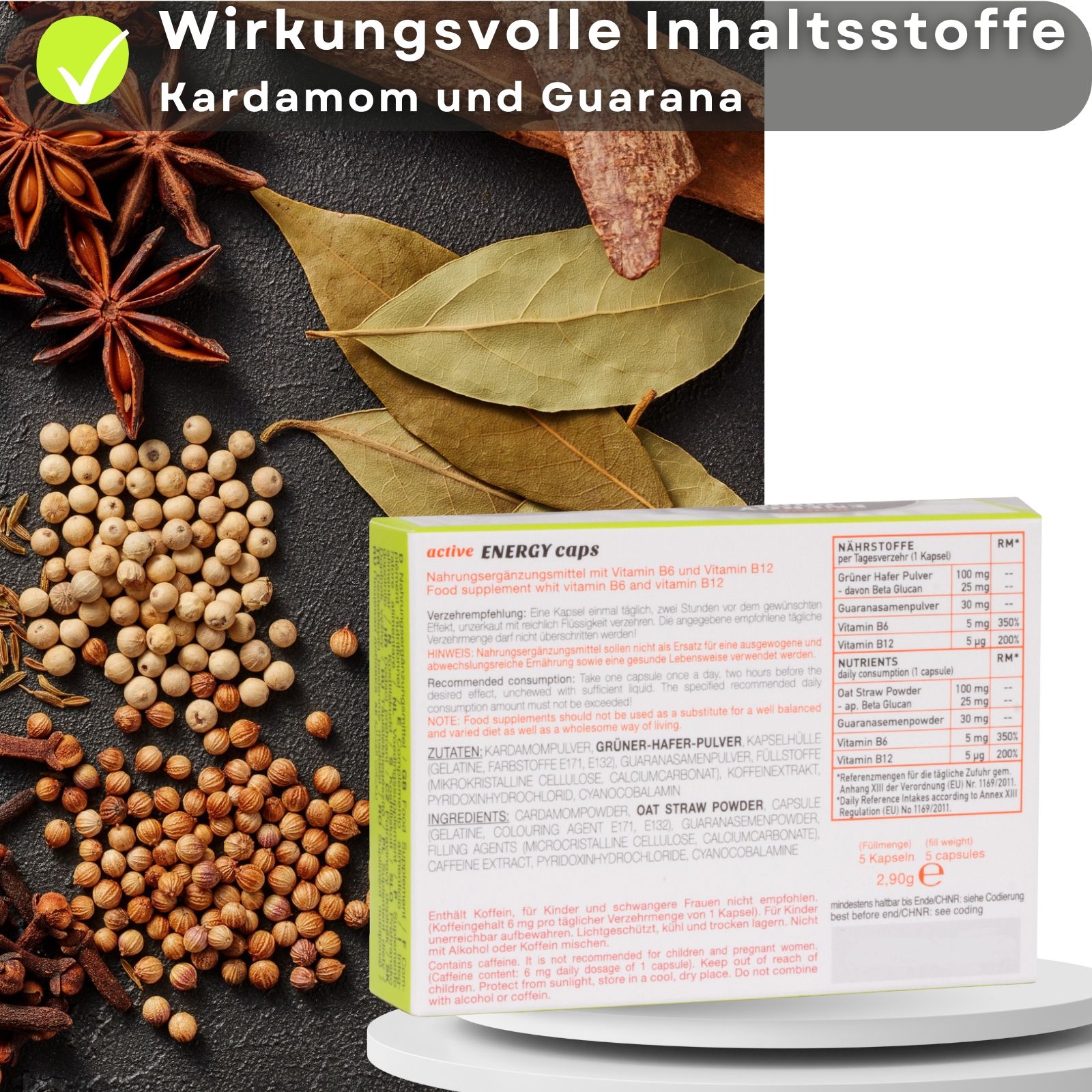 Rückseite der Packung "Ero active ENERGY caps" mit Inhaltsangaben.