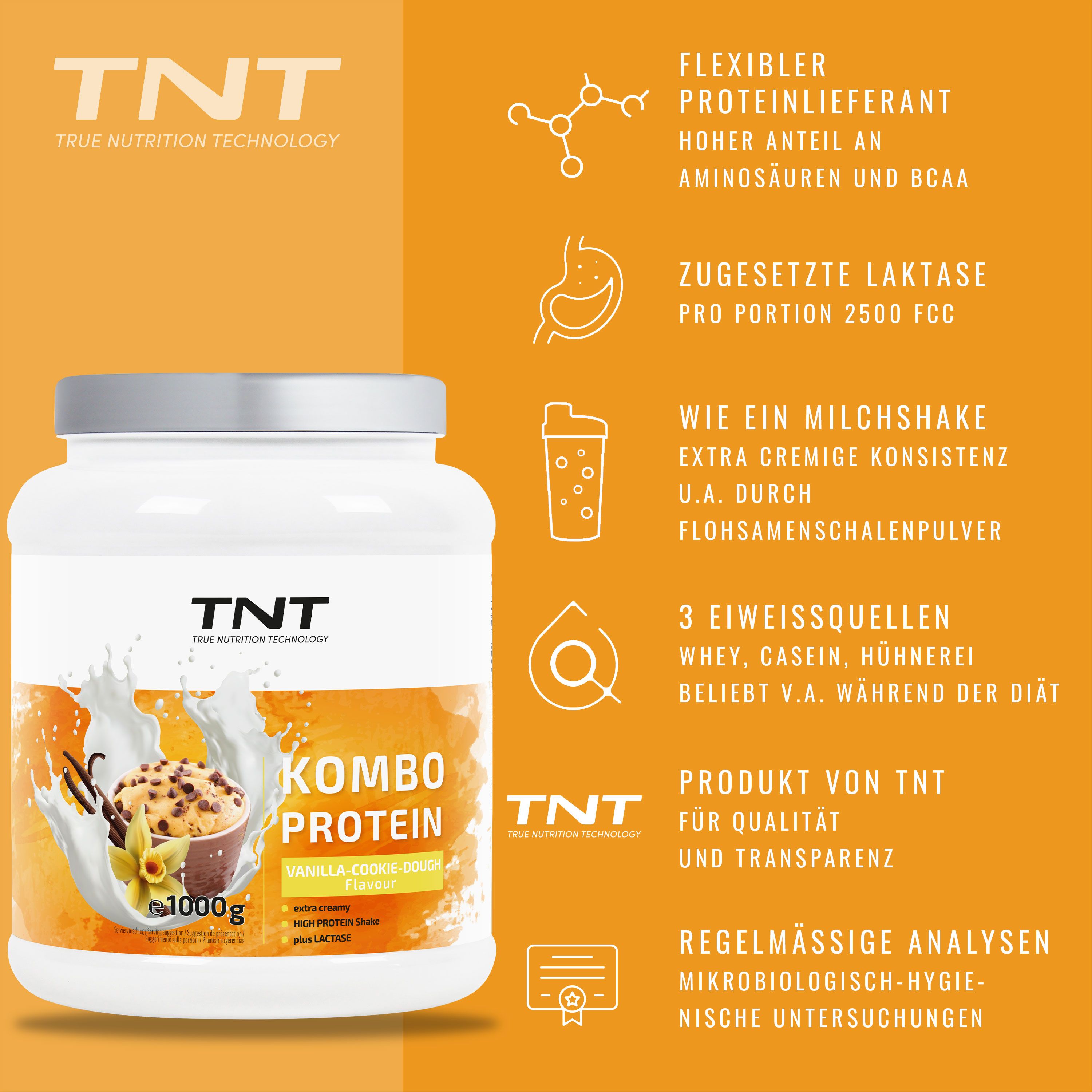 Weißer Behälter mit TNT Kombo Protein, 1000g. Aufschrift: Vanilla-Cookie Dough. Zusätzliche Informationen auf orangefarbenem Hintergrund.