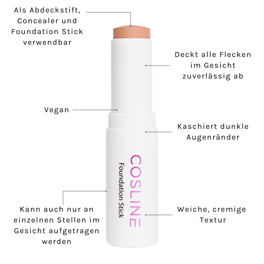 Foundation Stick mit Text. Beschriftungen: Vegan, Cosline Foundation Stick, etc.
