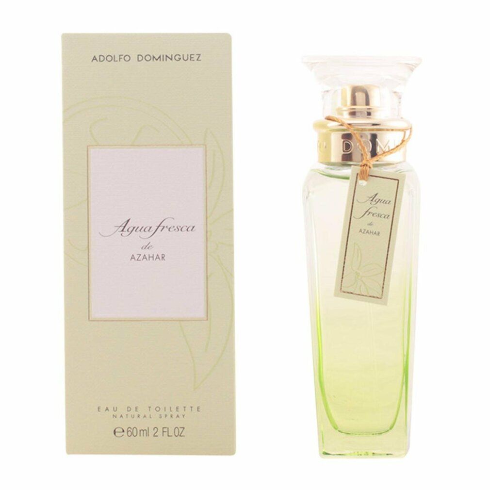 Adolfo Dominguez Agua Fresca De Azahar Eau De Toilette Spray. Flakon und Schachtel. Hellgrünes Glas, goldener Verschluss, Etikett.