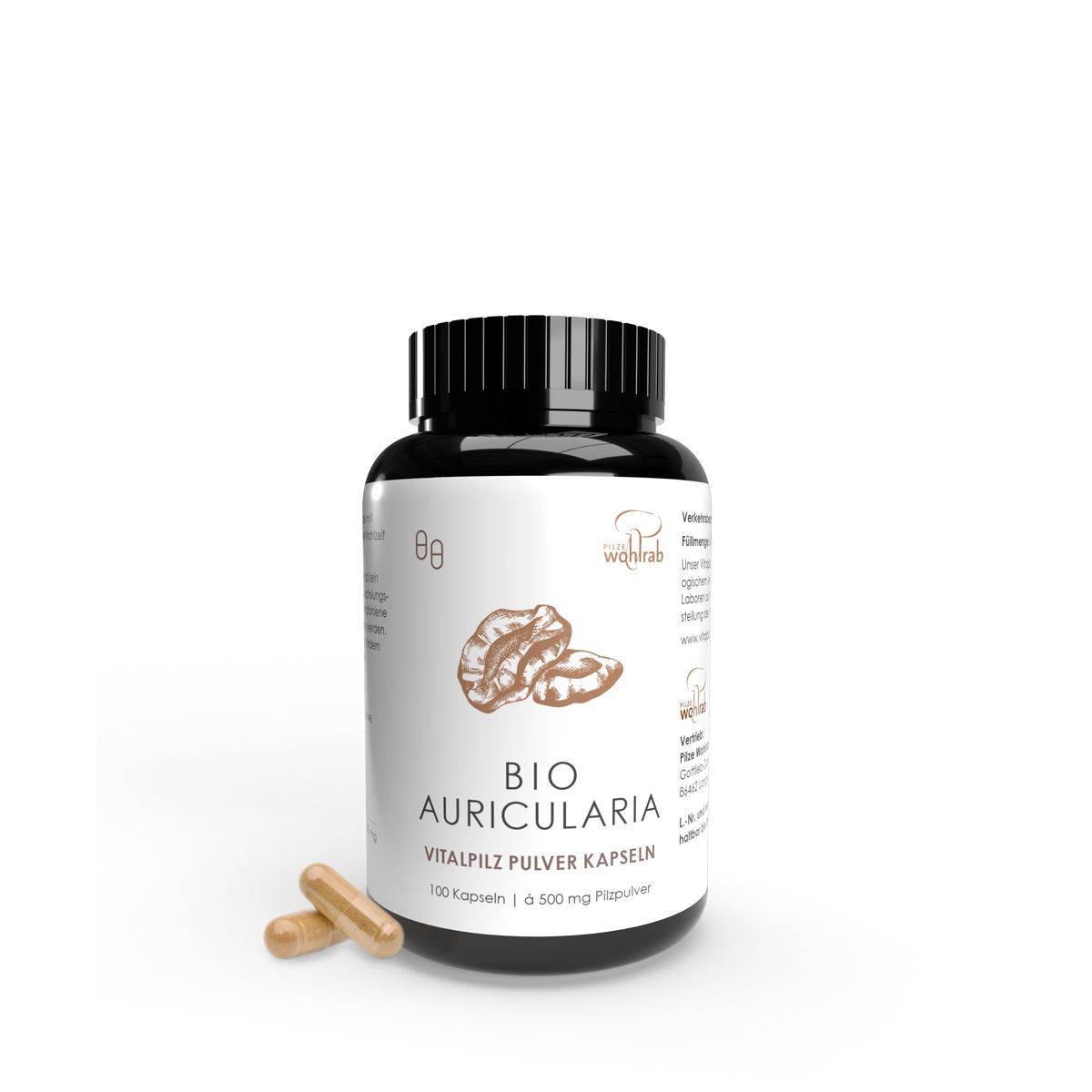 Schwarze Flasche mit Kapseln. Aufschrift: BIO AURICULARIA, Vitalpilz Pulver Kapseln. 100 Kapseln, 500 mg Pulver.