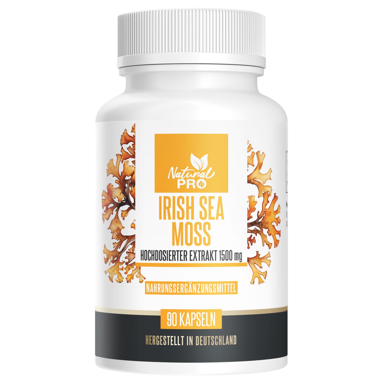 Flasche mit 90 Kapseln Irish Sea Moss Extrakt, 1500mg. Mit Algen-Motiv.