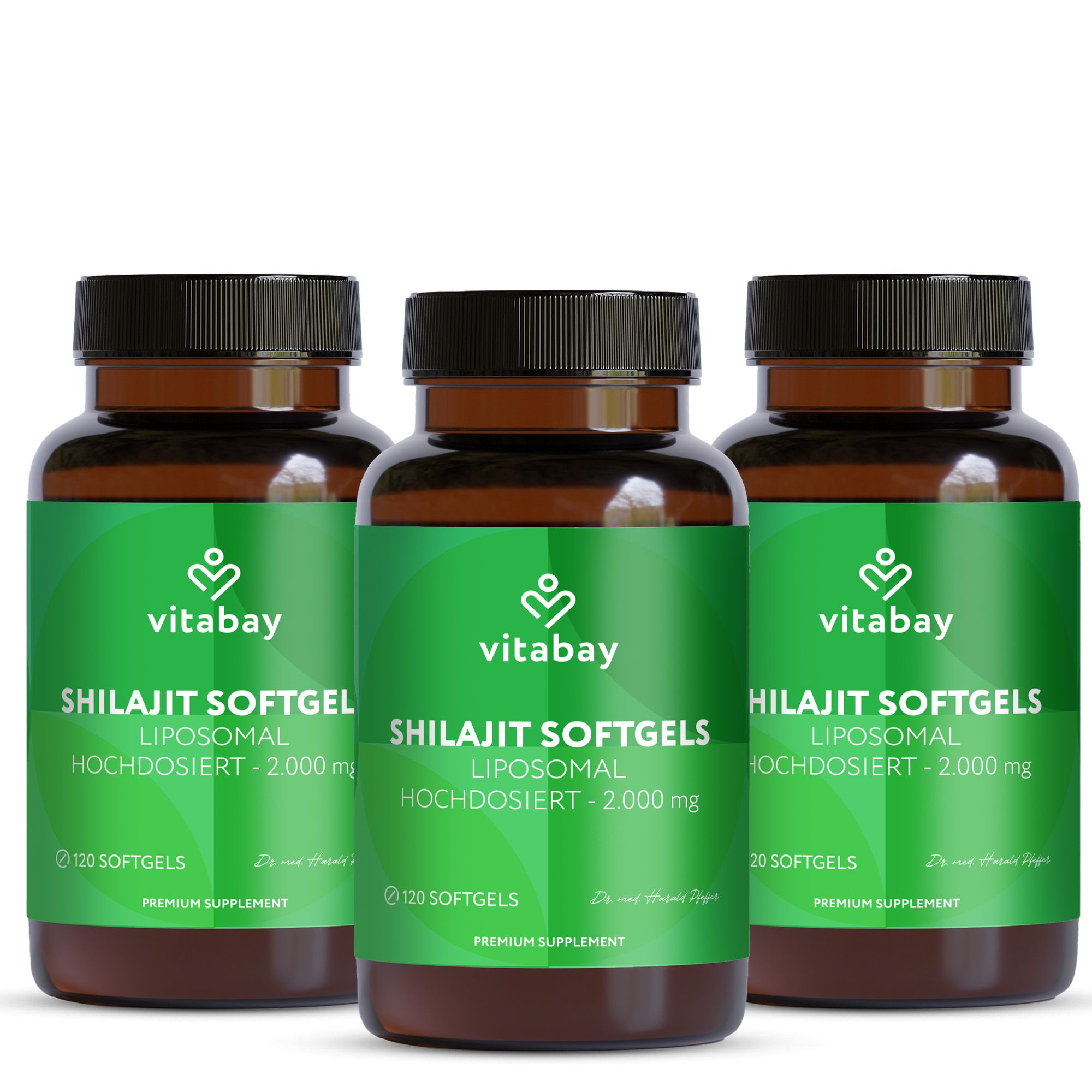Drei Flaschen Vitabay Shilajit Softgels. Braune Glasflaschen mit grünen Etiketten. Text: Shilajit Softgels, Liposomal, 2.000 mg.