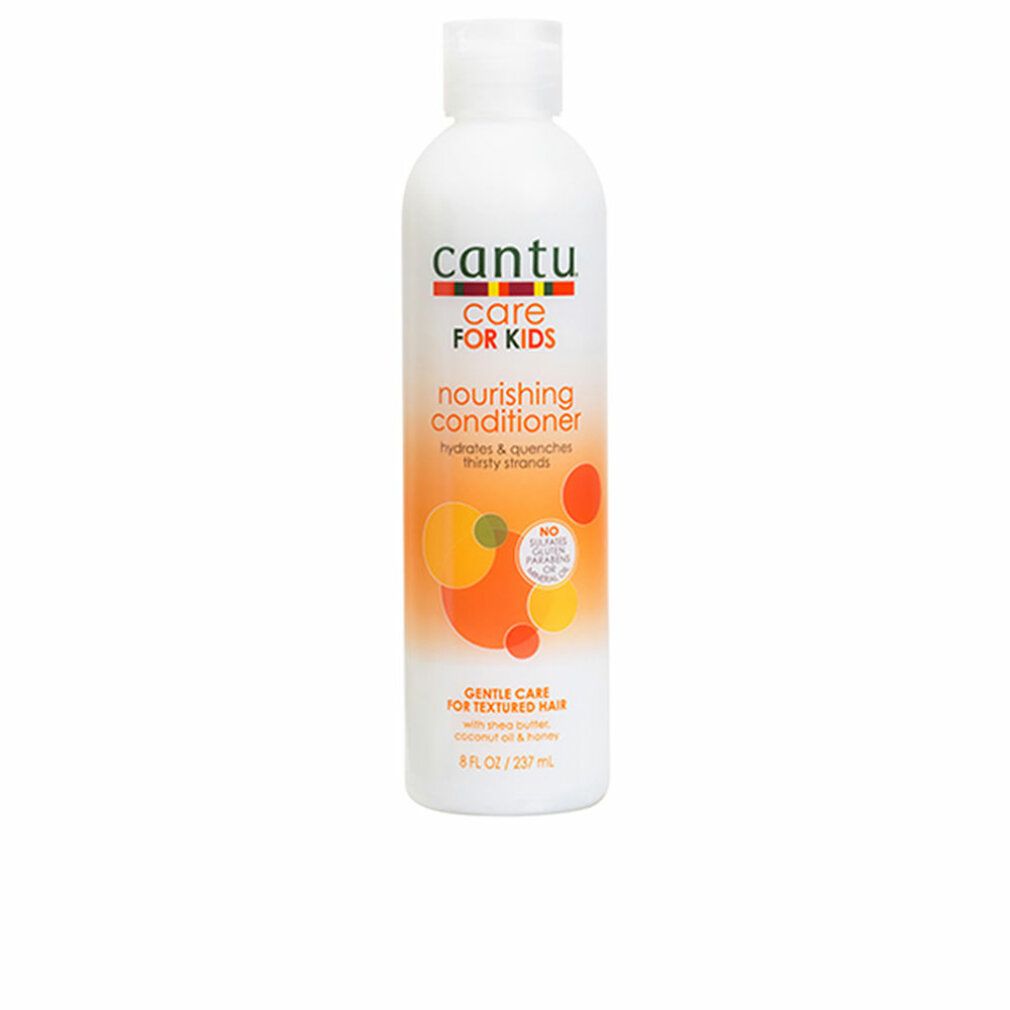 Weiße Flasche mit Cantu Care For Kids Conditioner-Etikett. Orangefarbene und gelbe Kreise. Text: Nourishing Conditioner.