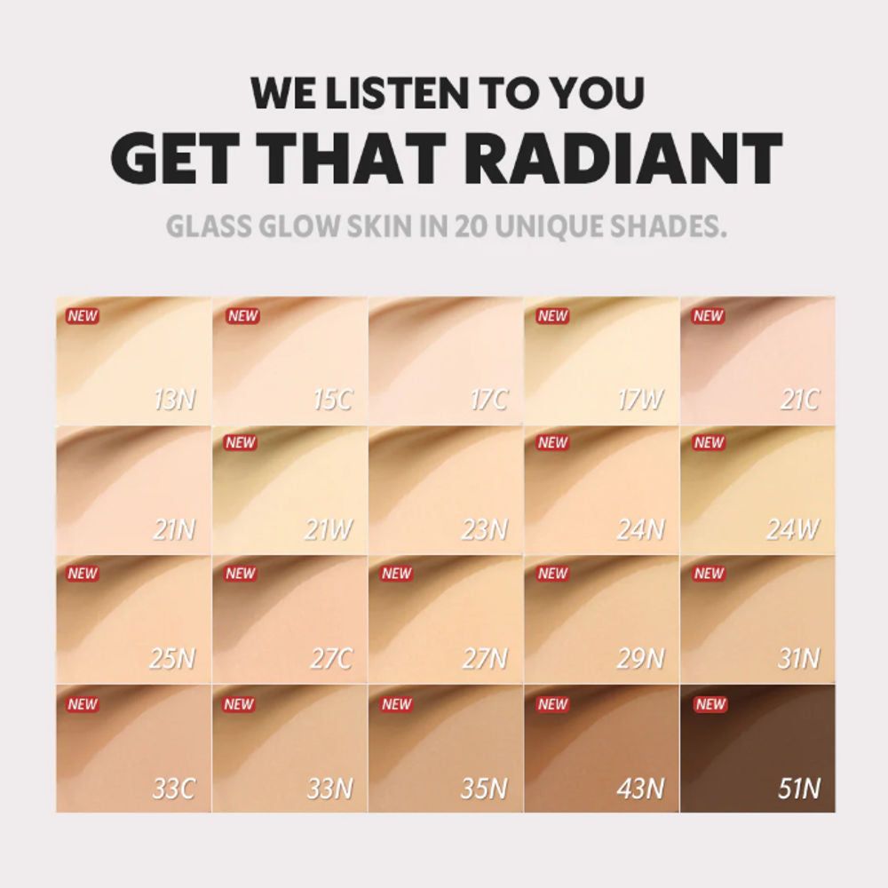 Farbpalette mit 20 Nuancen. Text: "WE LISTEN TO YOU GET THAT RADIANT GLASS GLOW SKIN".