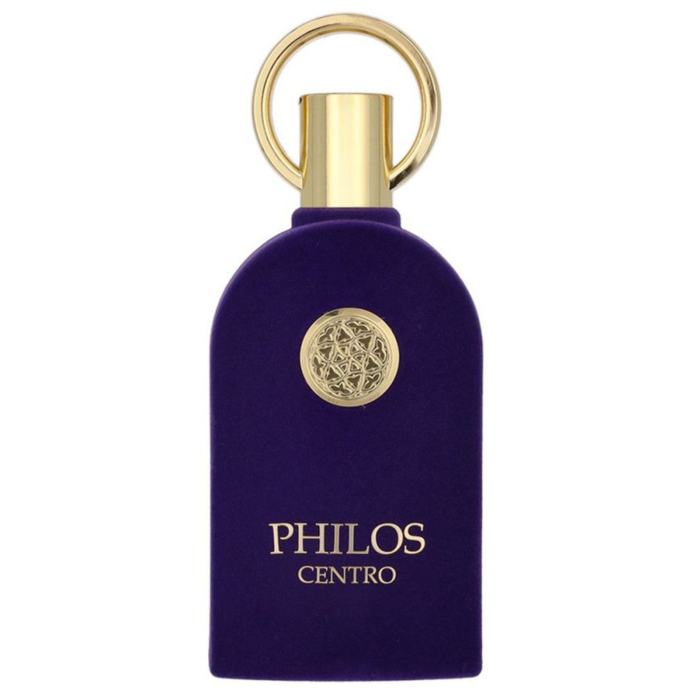Dunkelviolette Flasche mit goldenem Verschluss und Ring. Aufschrift: Philos Centro Eau de Parfum. Goldener Kreis.