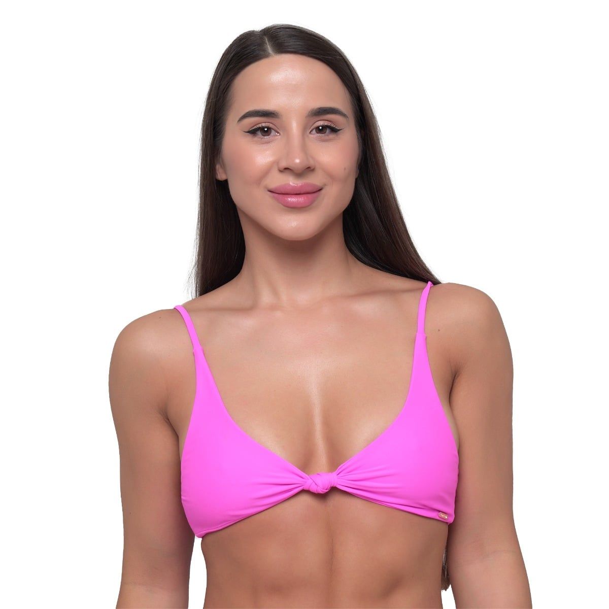 Pinkes Bikini-Oberteil mit Knoten vorne und schmalen Trägern, Frontansicht.