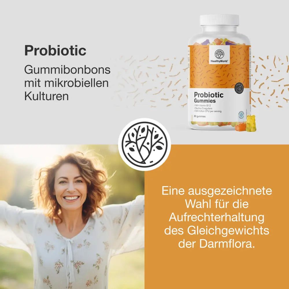 Produktabbildung: Flasche mit Gummibärchen. Aufschrift: HealthyWorld, Probiotic Gummis. Frau lächelt. Text: Eine ausgezeichnete Wahl für die Aufrechterhaltung des Gleichgewichts der Darmflora.