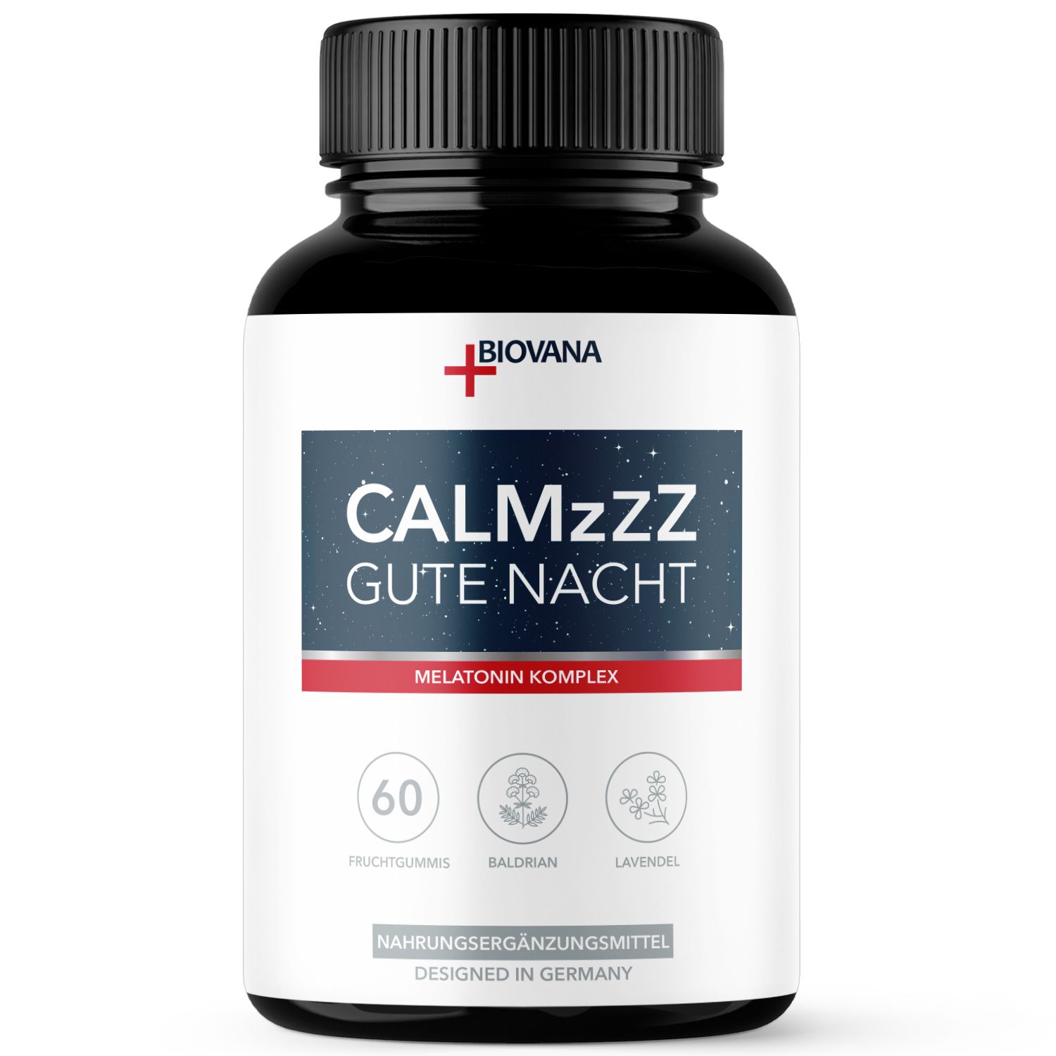 Schwarze Flasche mit weißem Etikett. Aufschrift: CALMzzz GUTE NACHT, Melatonin Komplex. 60 Fruchtgummis.
