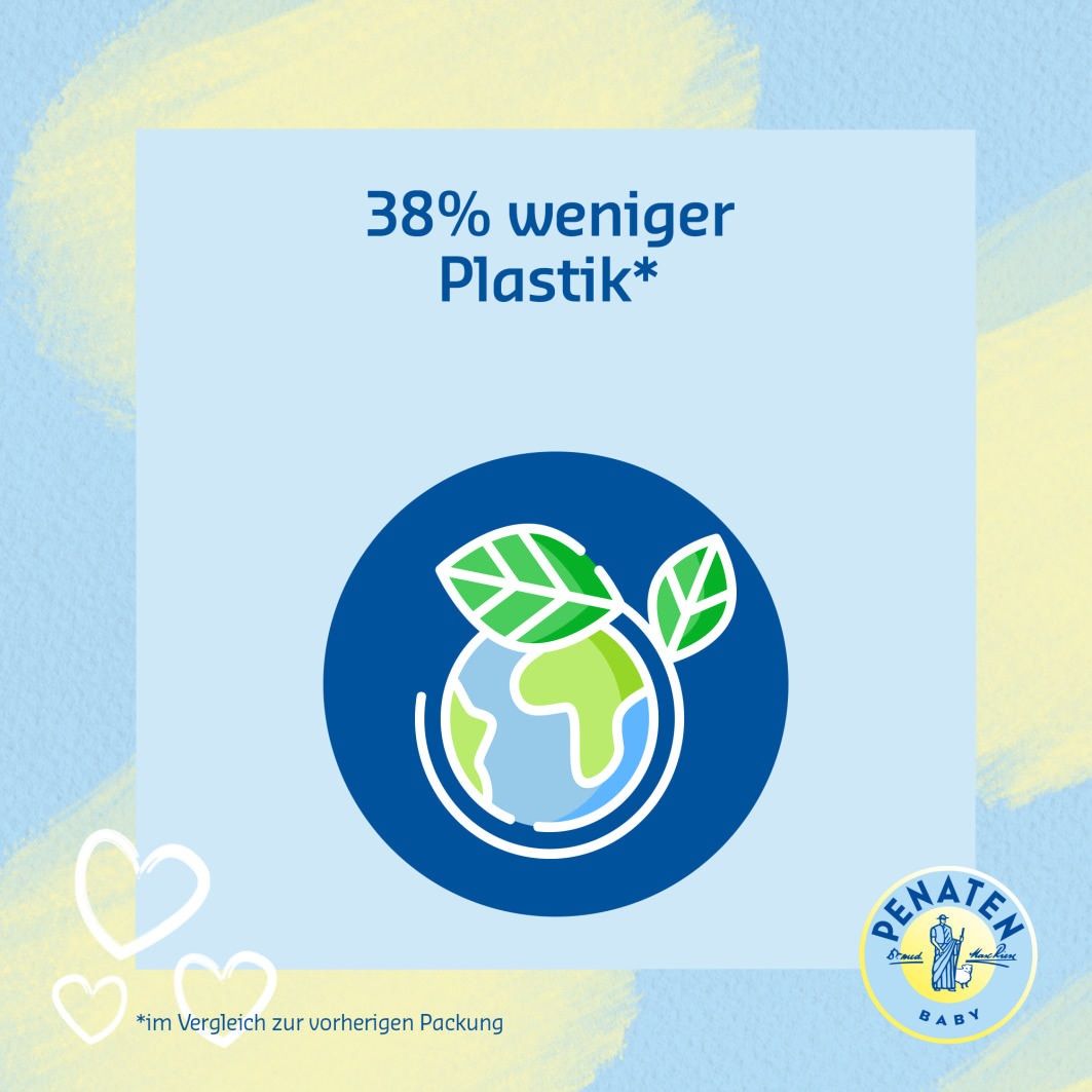 Blauer Hintergrund mit Recycling-Symbol. Text: Recycelbare Verpackung. PENATEN Baby Logo.