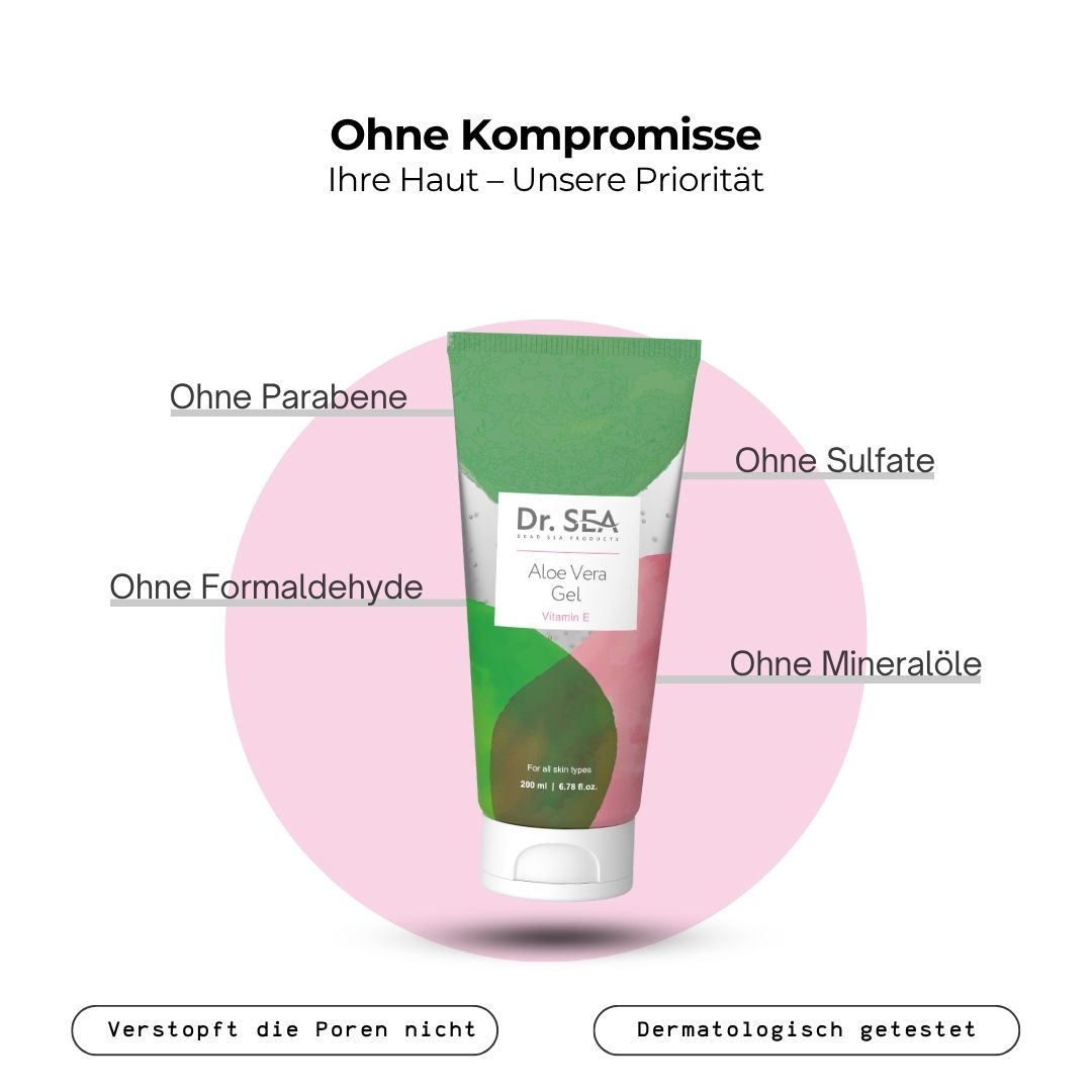 Tube mit Aloe Vera Gel. Grün-rosa Design. Text: Dr. SEA, Aloe Vera Gel, Vitamin E. Infografik: Ohne Zusätze.