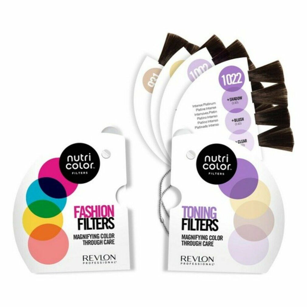 Zwei Karten mit Farbmustern. Aufschrift: Nutri Color Filters. Eine Karte: Fashion Filters. Andere: Toning Filters.