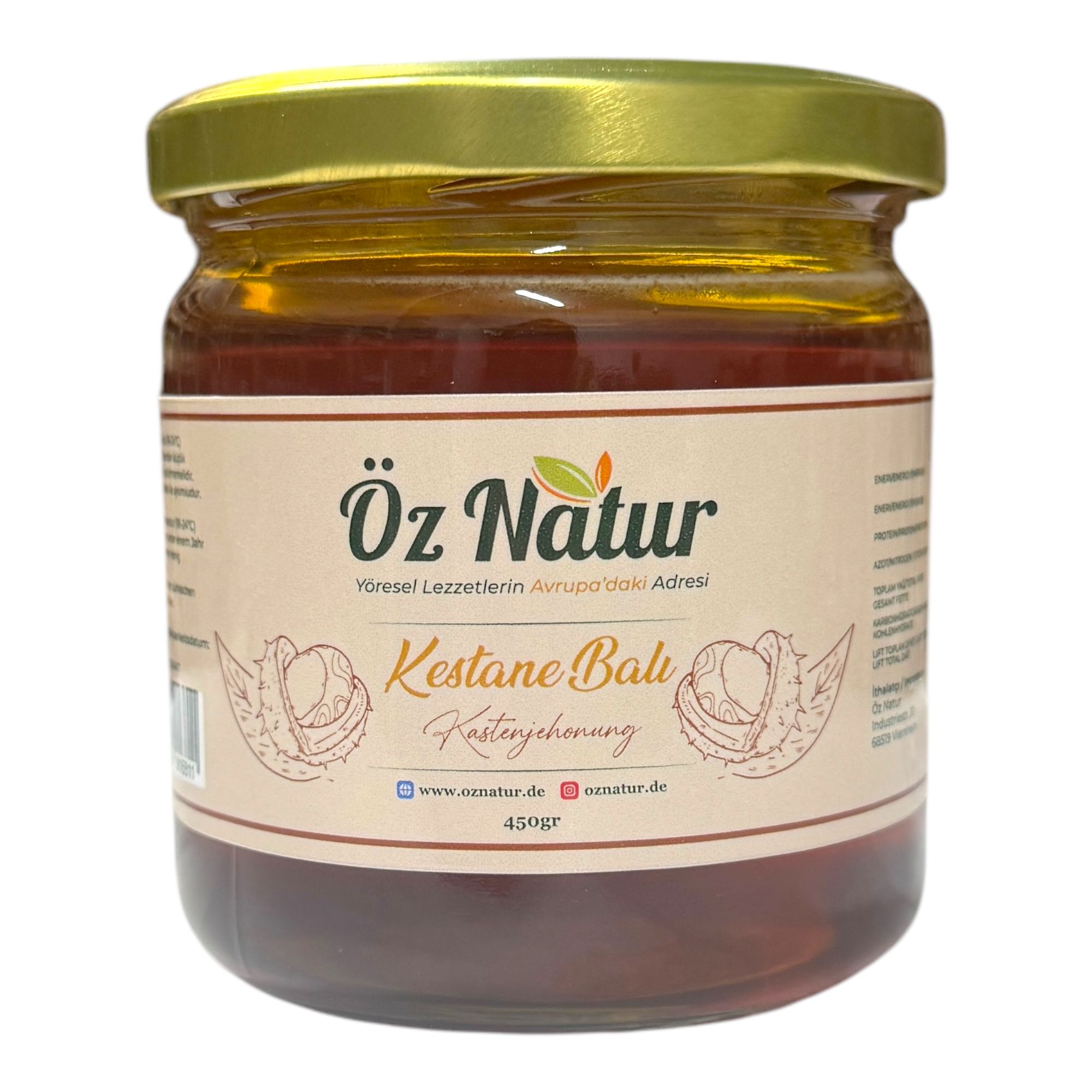 Glas mit Kastanienhonig. Aufschrift: Öz Natur, Kestane Balı, 450gr. Etikett mit Kastanien-Illustrationen.