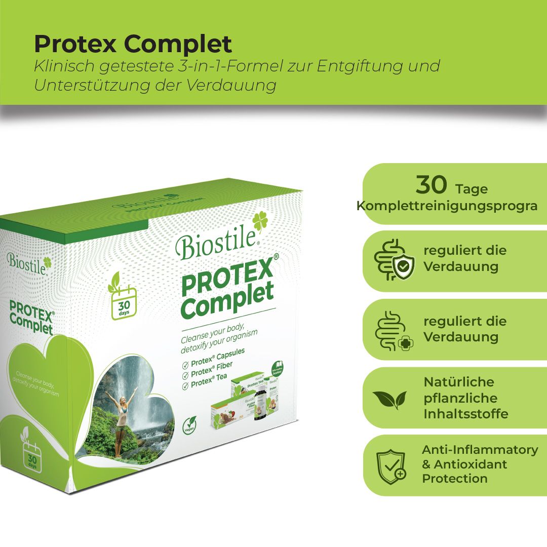 Biostile Protex Komplett Karton mit detaillierten Informationen und Symbolen.