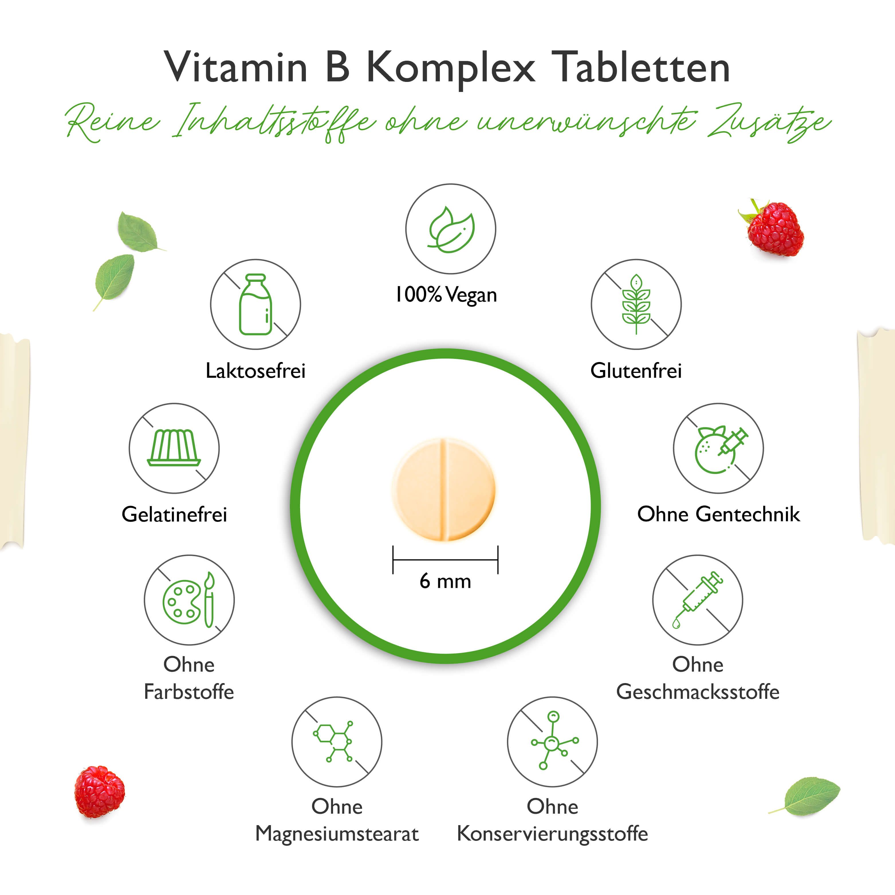Tablette, 6 mm. Ohne: Laktose, Gluten, Gelatine, Farbstoffe, Gentechnik, Geschmacksstoffe, Magnesiumstearat, Konservierungsstoffe. 100% Vegan.