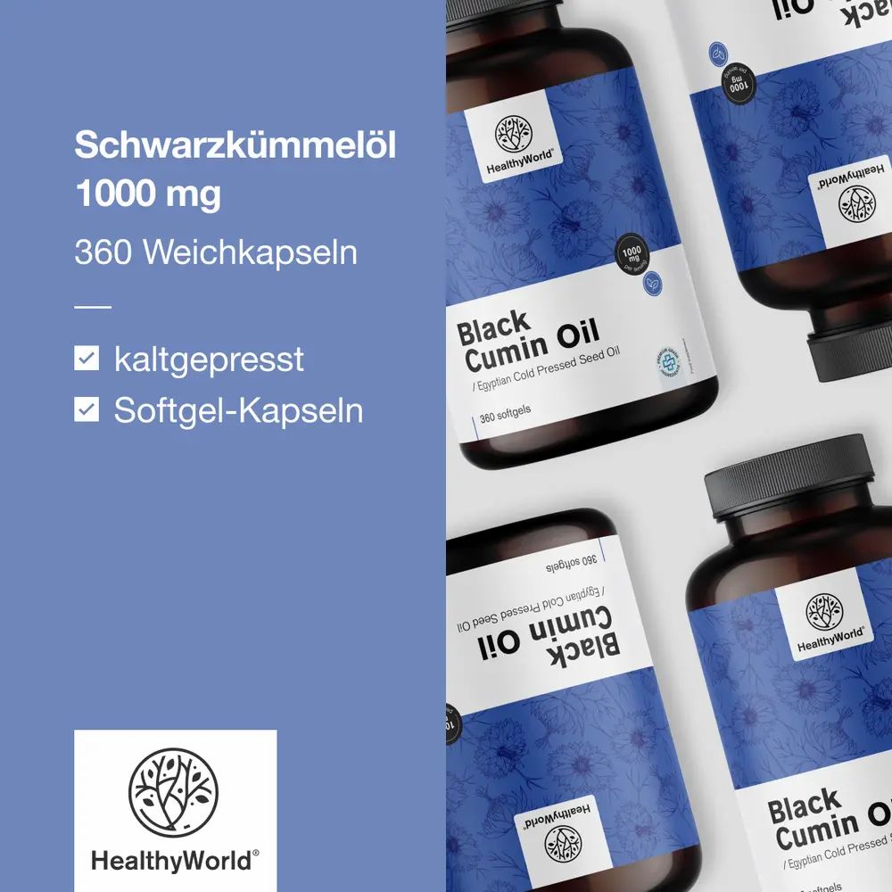 Flasche Schwarzkümmelöl 1000 mg, 360 Kapseln. Drei Kapseln daneben. Nahaufnahme einer blauen Blüte.