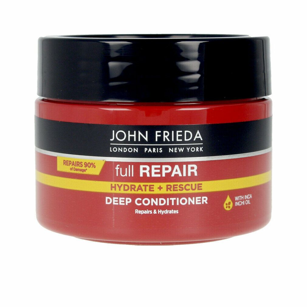 Roter Tiegel mit schwarzem Deckel. Aufschrift: John Frieda, full Repair, Hydrate + Rescue, Deep Conditioner. Gelbe Akzente.