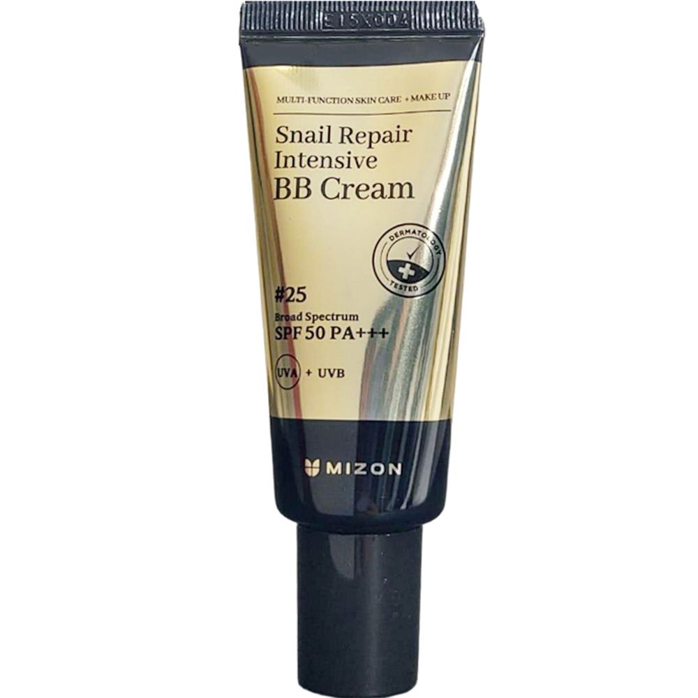 Tube MIZON Snail Repair BB Cream Nr. 25. Goldfarbenes Tubendesign mit schwarzem Deckel. Text: SPF 50 PA+++, Dermatologisch getestet.
