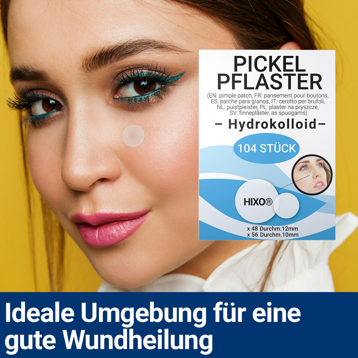 Packung Pickel Pflaster, 104 Stück. Aufschrift: Hydrokolloid. Frau mit Pflaster auf der Haut. Aufkleber mit Pflastern.