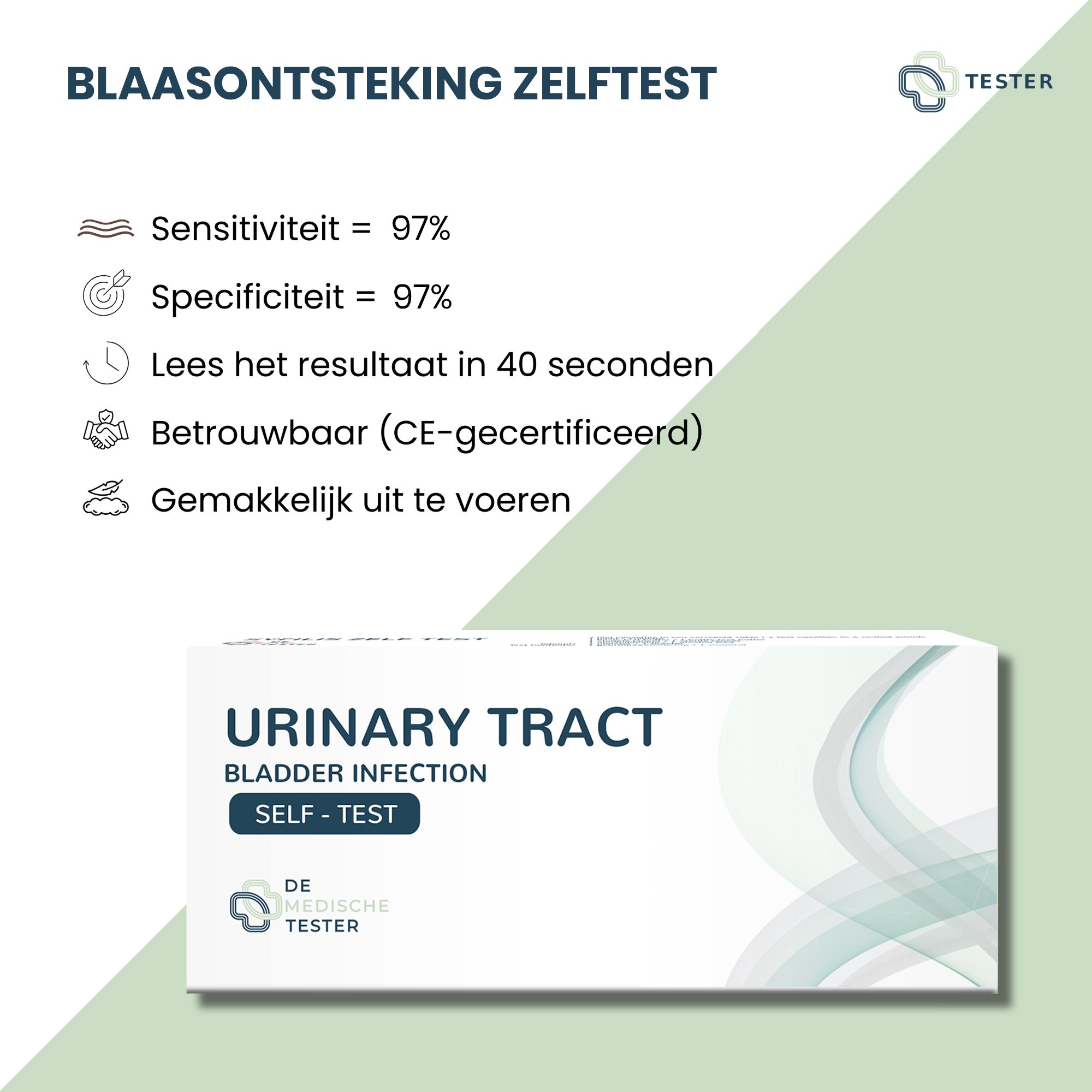 Infografik mit Text: Sensitivität 97%, Spezifität 97%, Ergebnis in 40 Sekunden, zuverlässig (CE-zertifiziert), einfach durchzuführen. Produktverpackung.