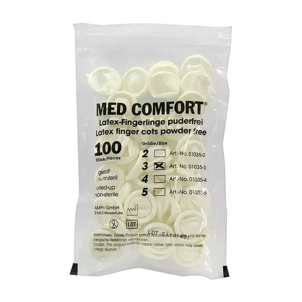 Packung mit 100 puderfreien Latex-Fingerlingen in Größe 3.