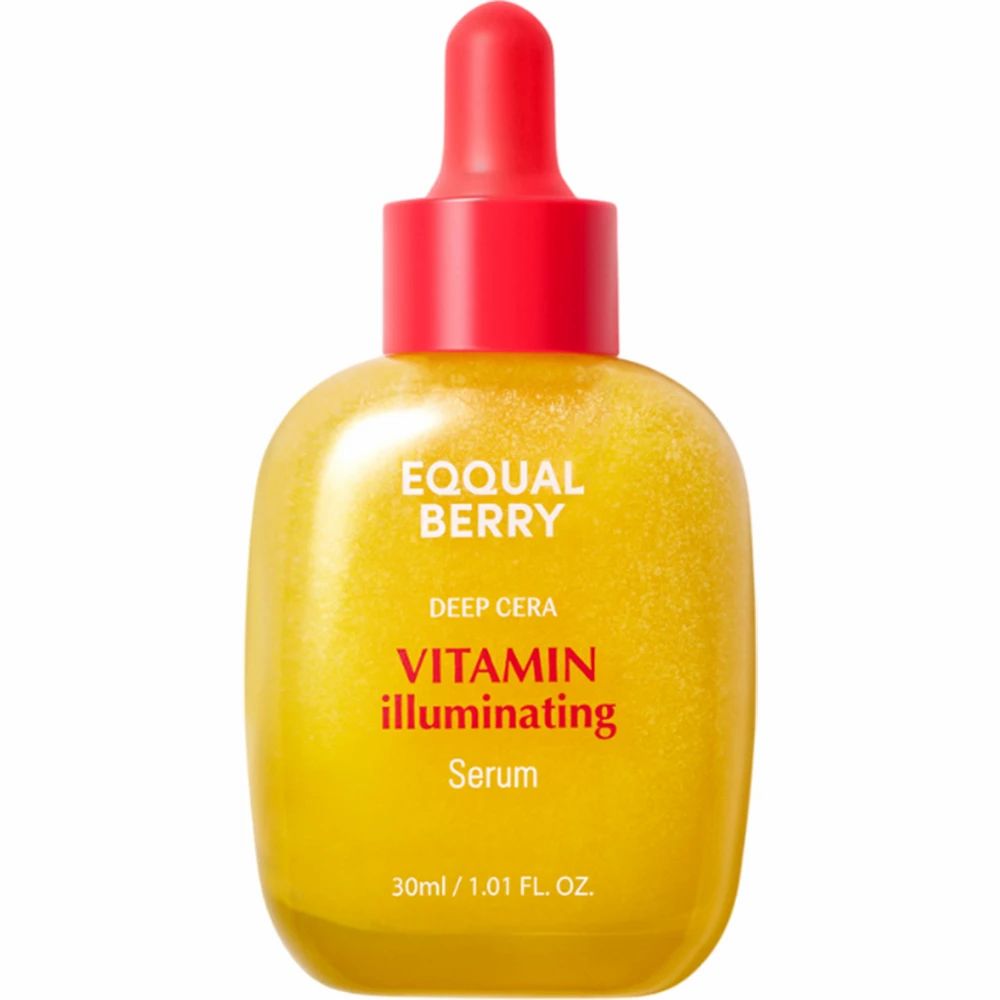 Gelbe Flasche mit rotem Verschluss. Aufschrift: EQQUAL BERRY, Vitamin illuminating Serum. 30ml/1.01 FL. OZ.