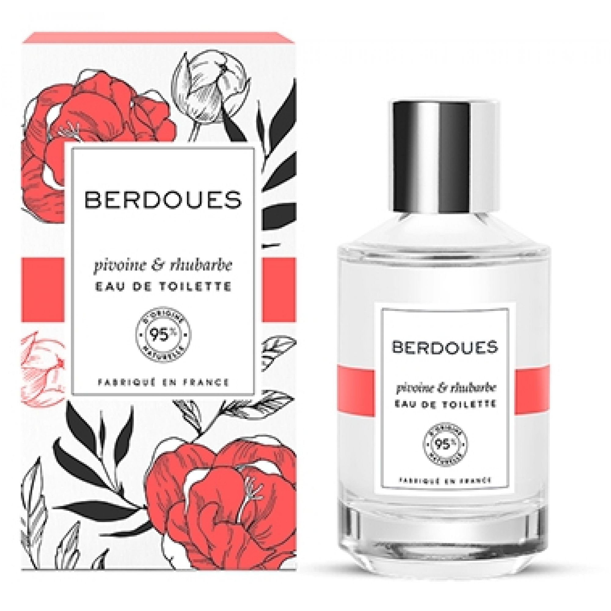 Parfümflakon und Verpackung mit Pfingstrosen- und Rhabarbermotiv. Berdoues Pivoine & Rhubarbe Eau de Toilette.