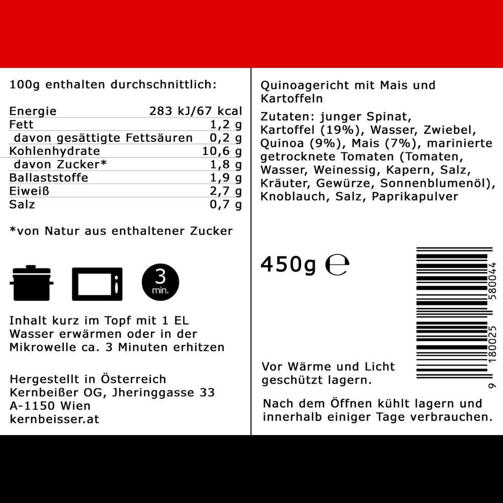 Nährwertangaben und Zubereitungshinweise für Tex-Mex-Quinoa mit Mais. 450g. Hergestellt in Österreich.