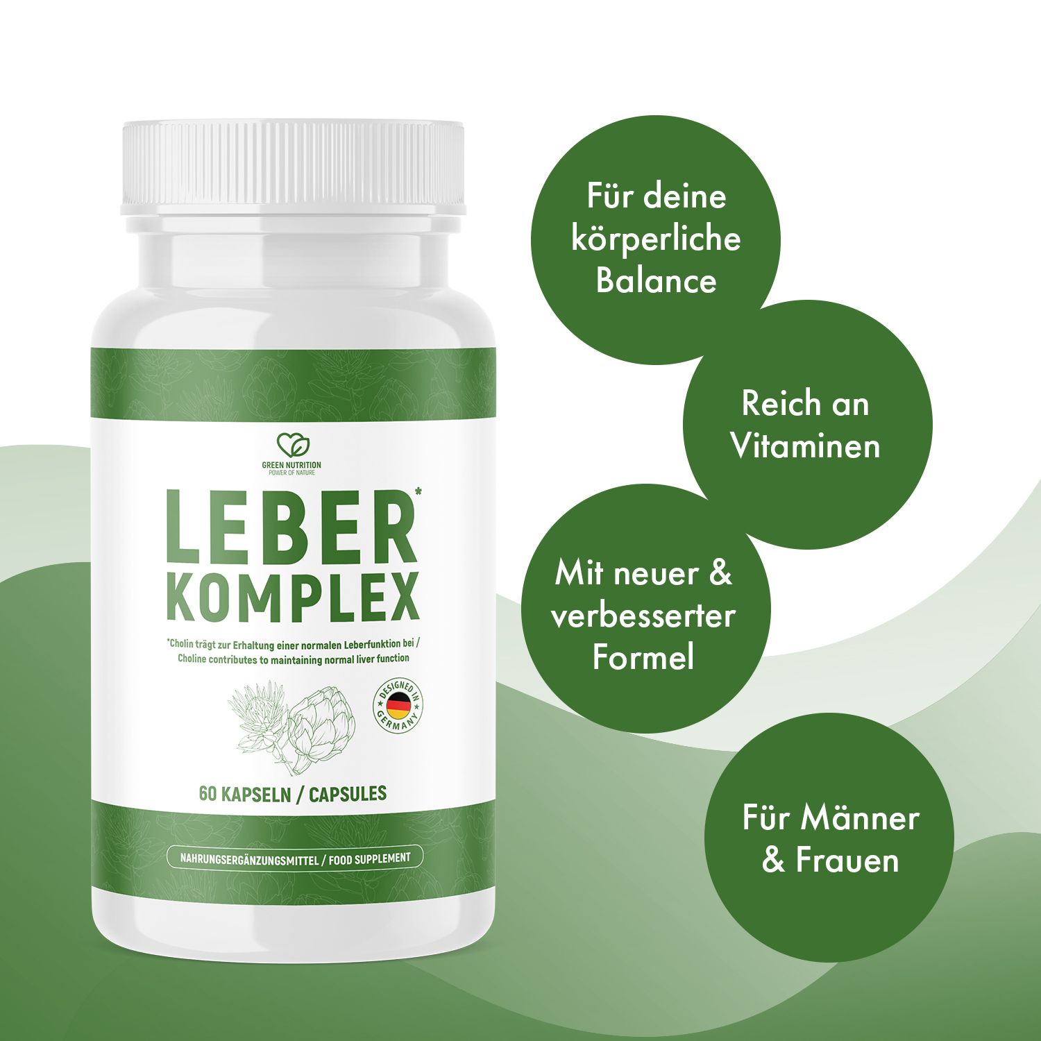 Weiße Flasche mit grünen Akzenten. LEBER KOMPLEX. Zusätzliche Texte in grünen Kreisen: Balance, Vitamine, Formel, Männer & Frauen.